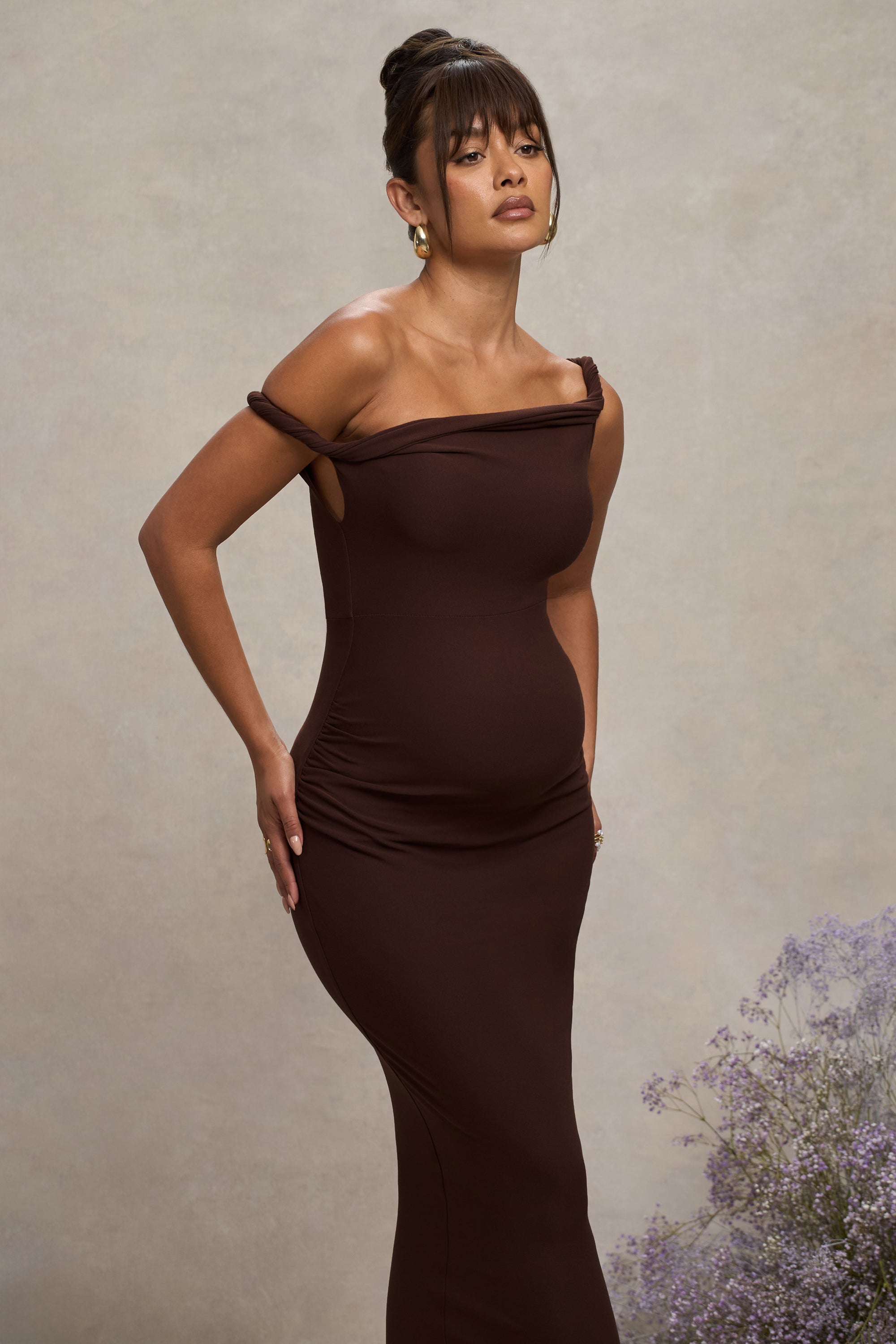Salome | Chocolate Brown Twisted Asymmetric Maternity Midi Dress - Club L 