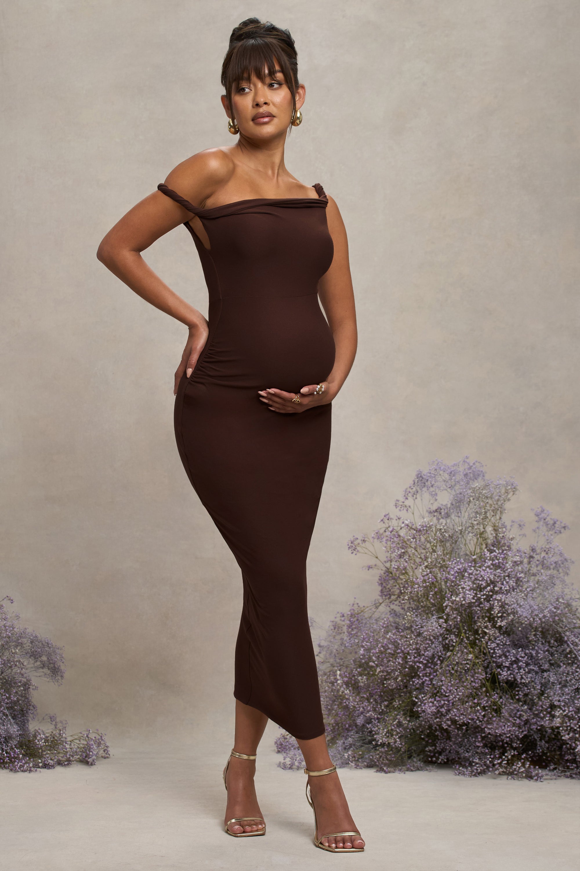 Salome | Chocolate Brown Twisted Asymmetric Maternity Midi Dress - Club L 