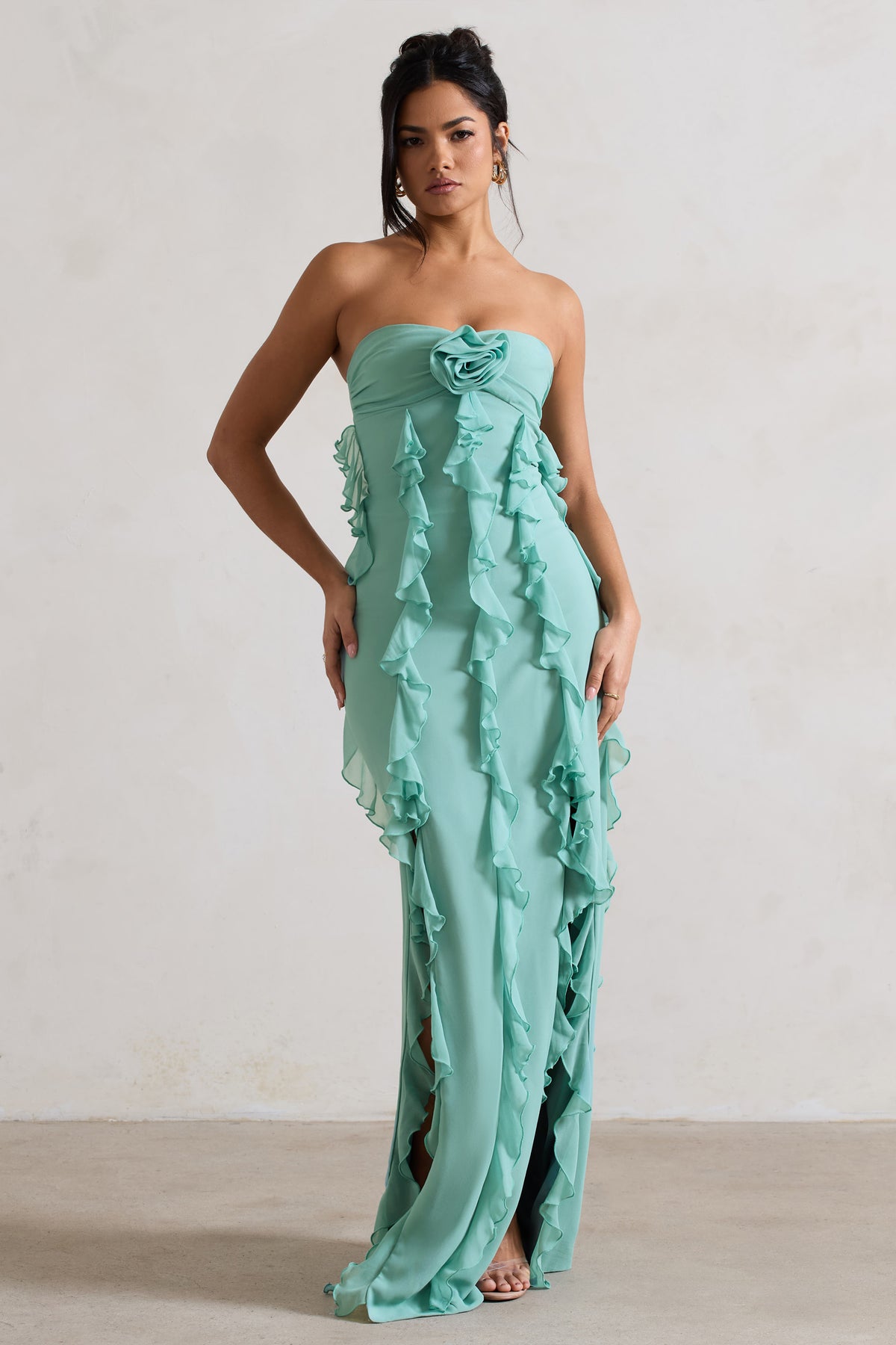 Gardenia Mint Green Strapless Ruffle Maxi Dress With Corsage Club L London - UK Gardenia Mint Green Strapless Ruffle Maxi Dress With Corsage Club L London - UK