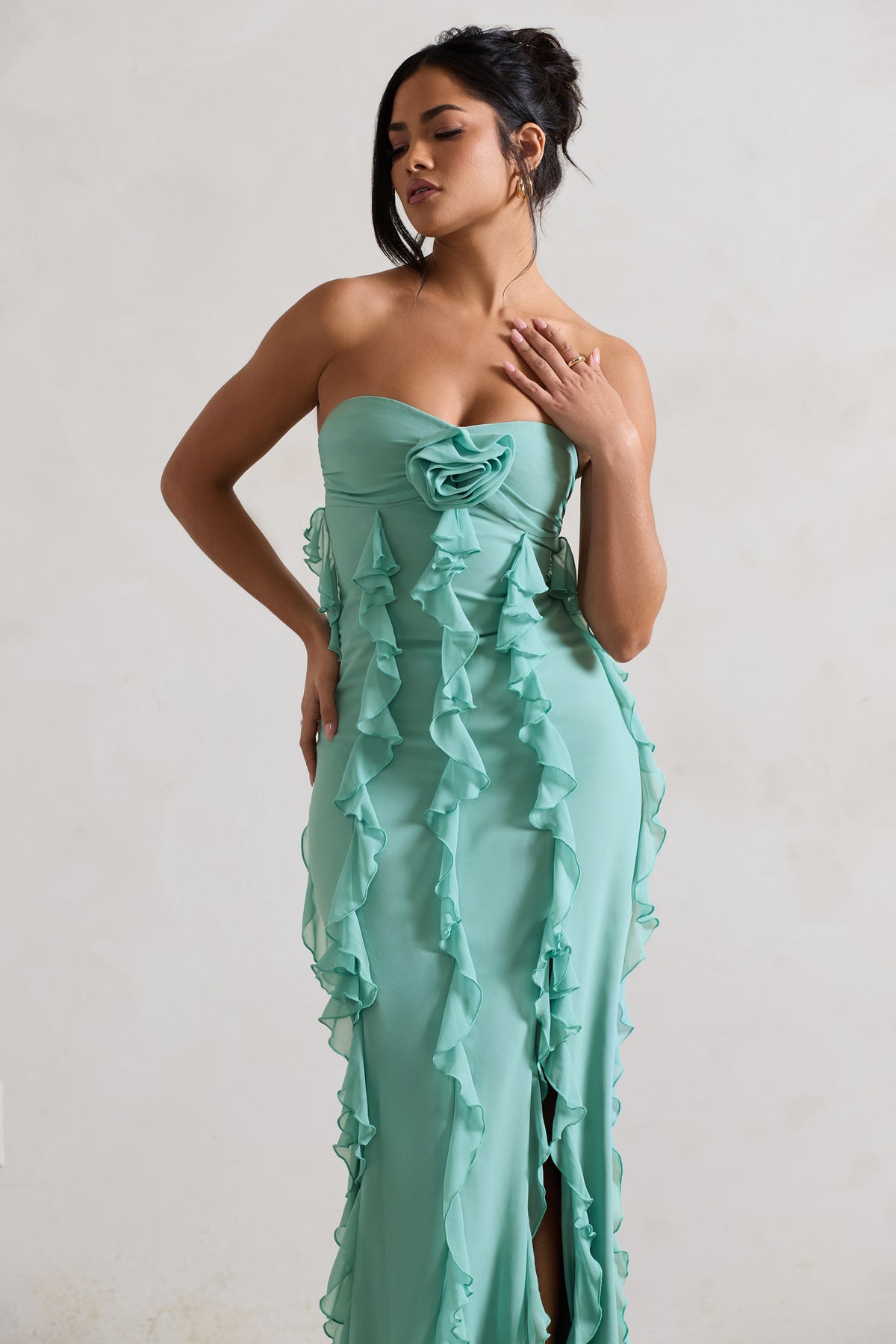 Gardenia Mint Green Strapless Ruffle Maxi Dress With Corsage Club L London - UK Gardenia Mint Green Strapless Ruffle Maxi Dress With Corsage Club L London - UK