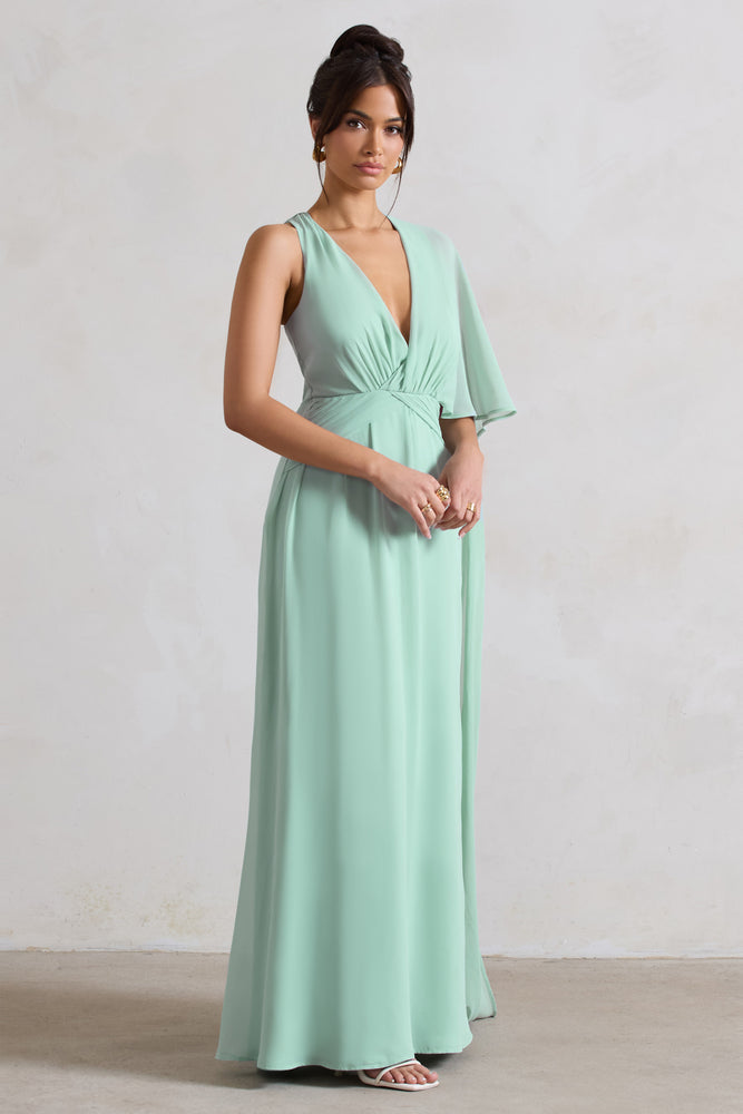 Fairytale Sage Plunge-Neck Chiffon Maxi Dress With Cape Sleeve – Club L  London