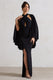 Audrina | Black Ruched Halter-Neck Split Maxi Dress With Cape - Club L 