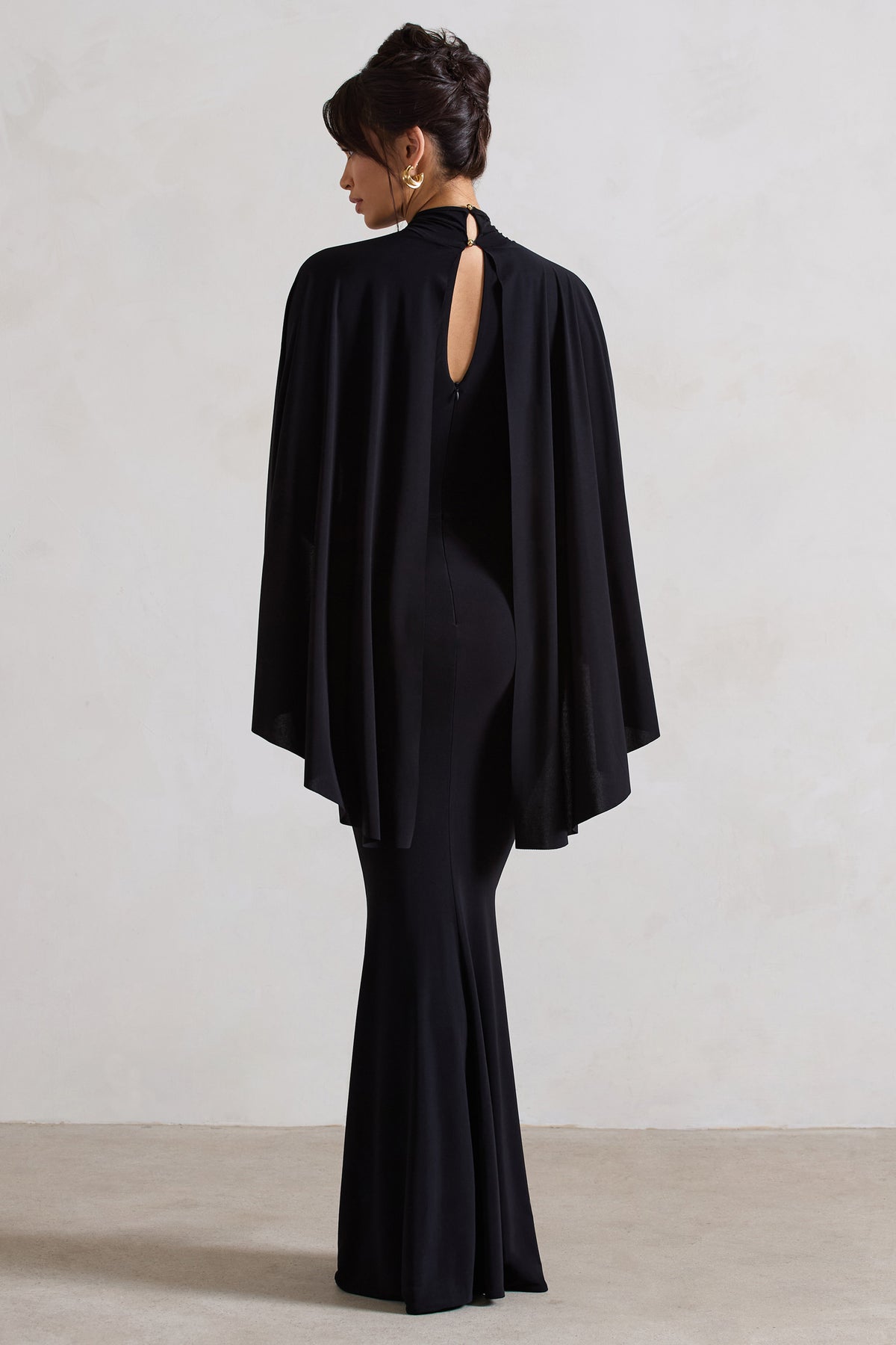 Audrina | Black Ruched Halter-Neck Split Maxi Dress With Cape - Club L 