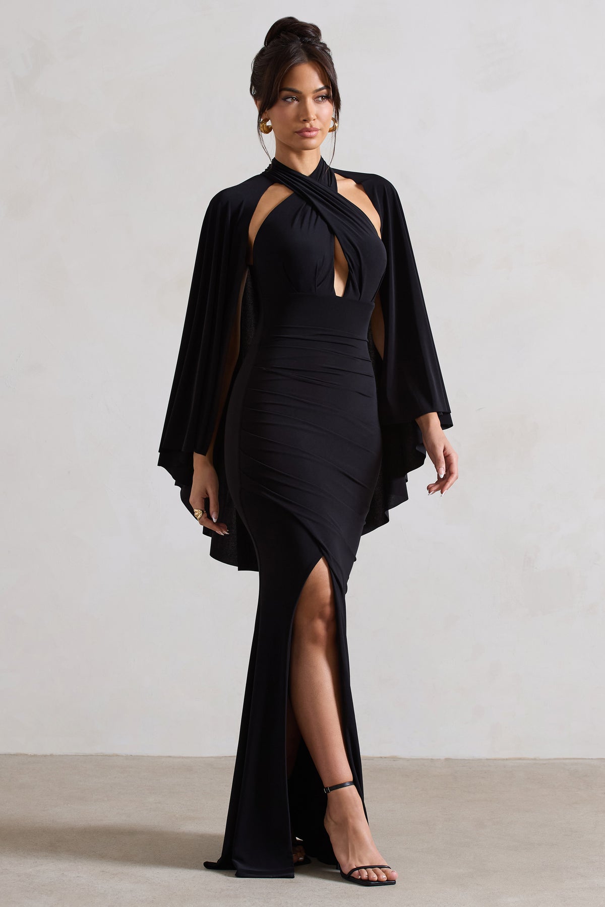 Audrina | Black Ruched Halter-Neck Split Maxi Dress With Cape - Club L 