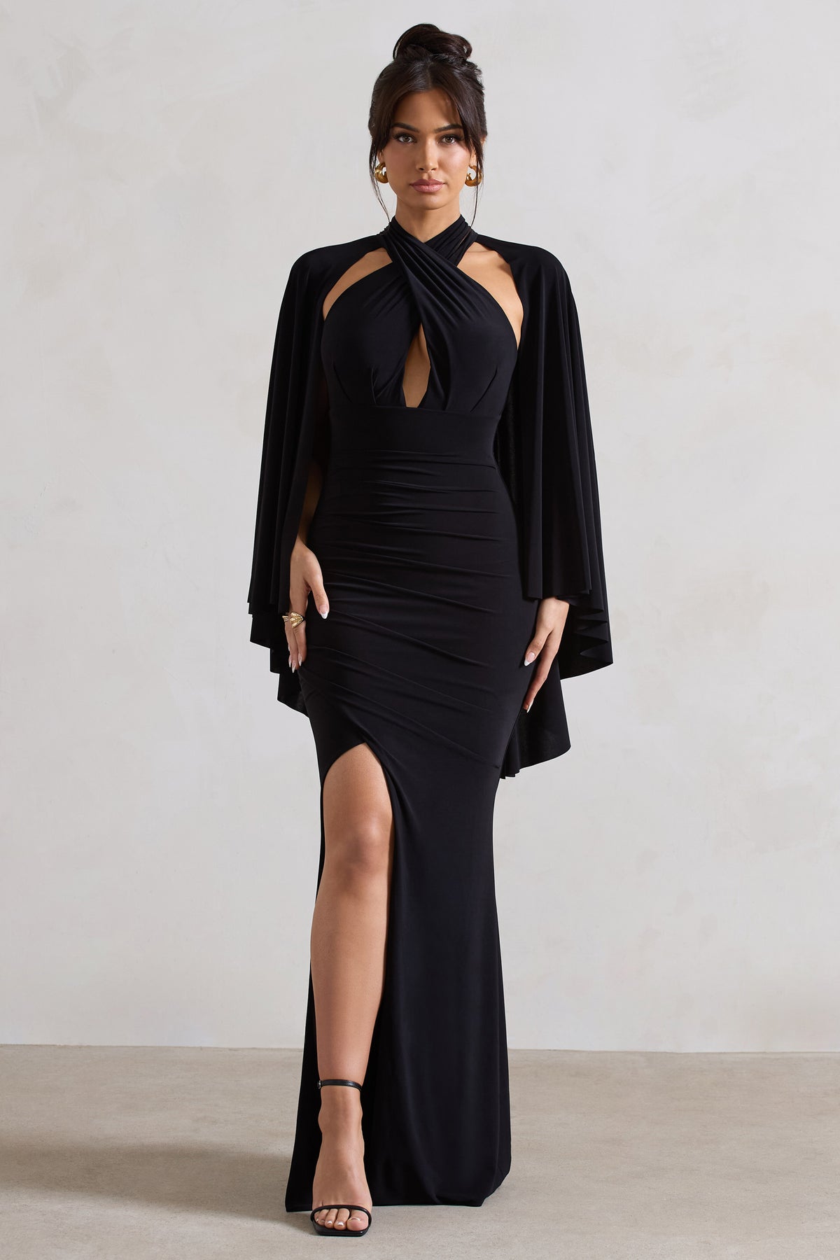 Audrina | Black Ruched Halter-Neck Split Maxi Dress With Cape - Club L 