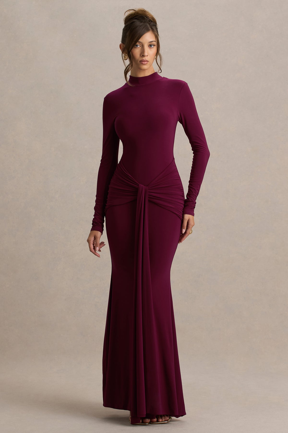 Pietra Berry High-Neck Long Sleeve Knot Maxi Dress – Club L London