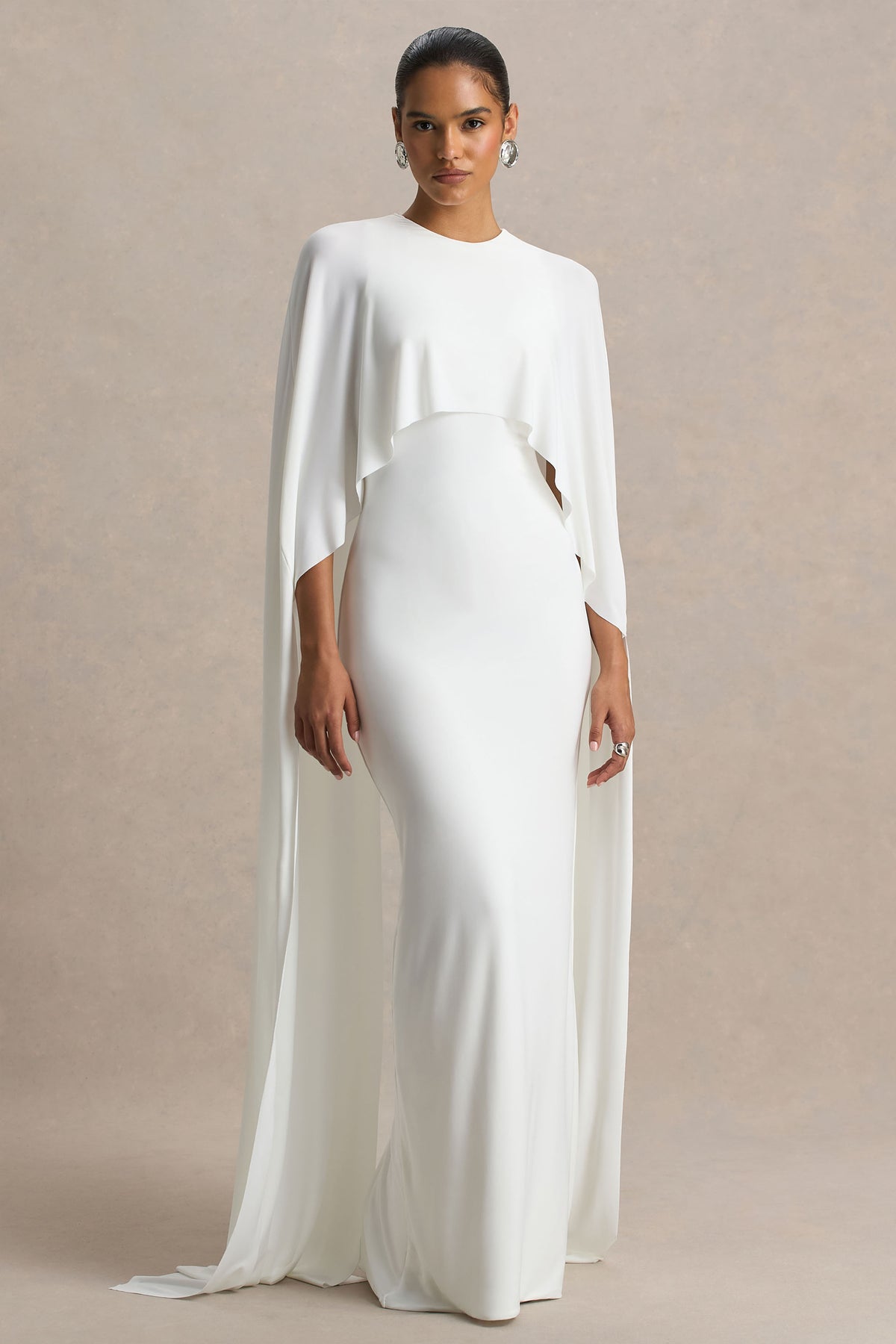 Padma White Draped Maxi Dress With Cape Sleeves Club L London - UK Padma White Draped Maxi Dress With Cape Sleeves Club L London - UK