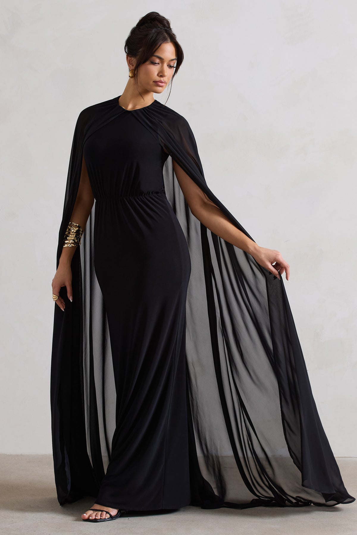 Envy | Black Gathered Maxi Dress With Chiffon Cape - Club L 