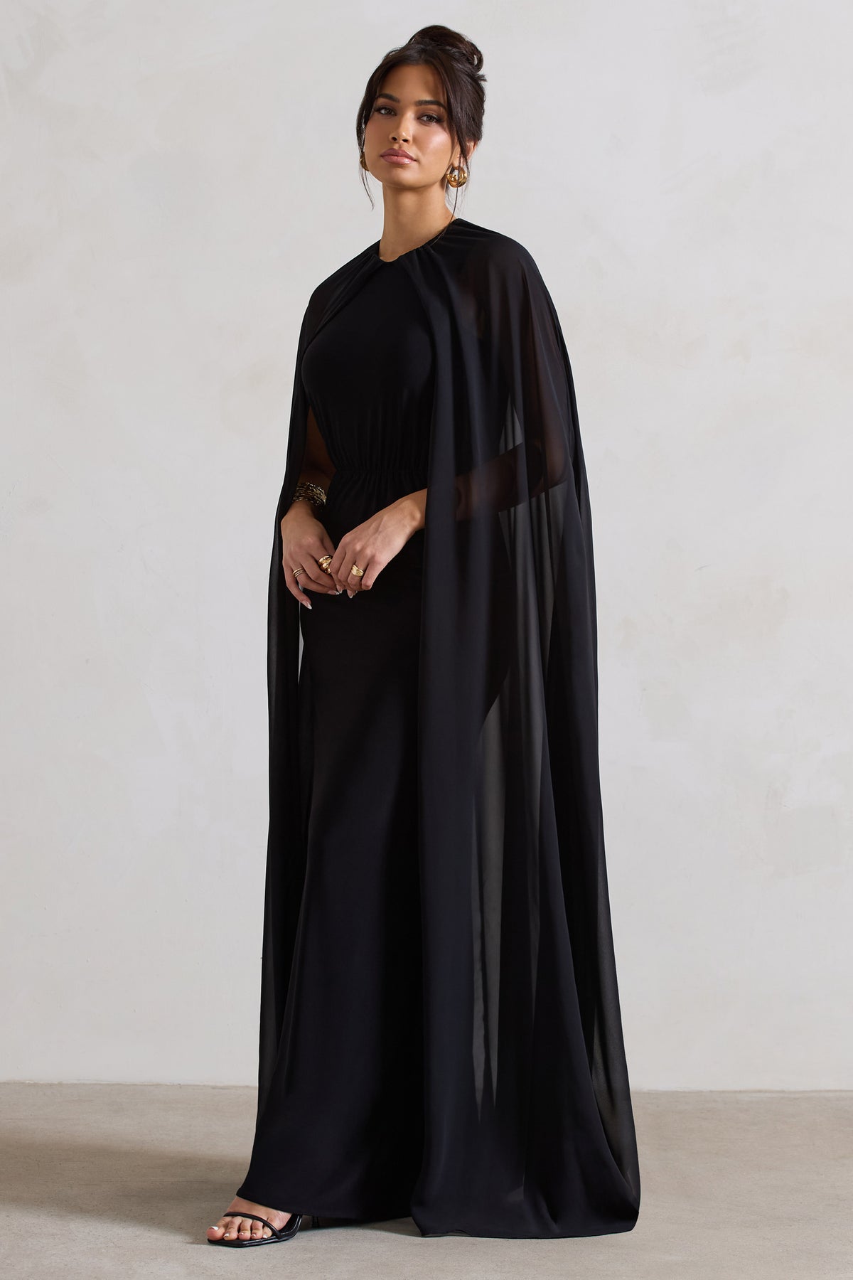 Envy | Black Gathered Maxi Dress With Chiffon Cape - Club L 