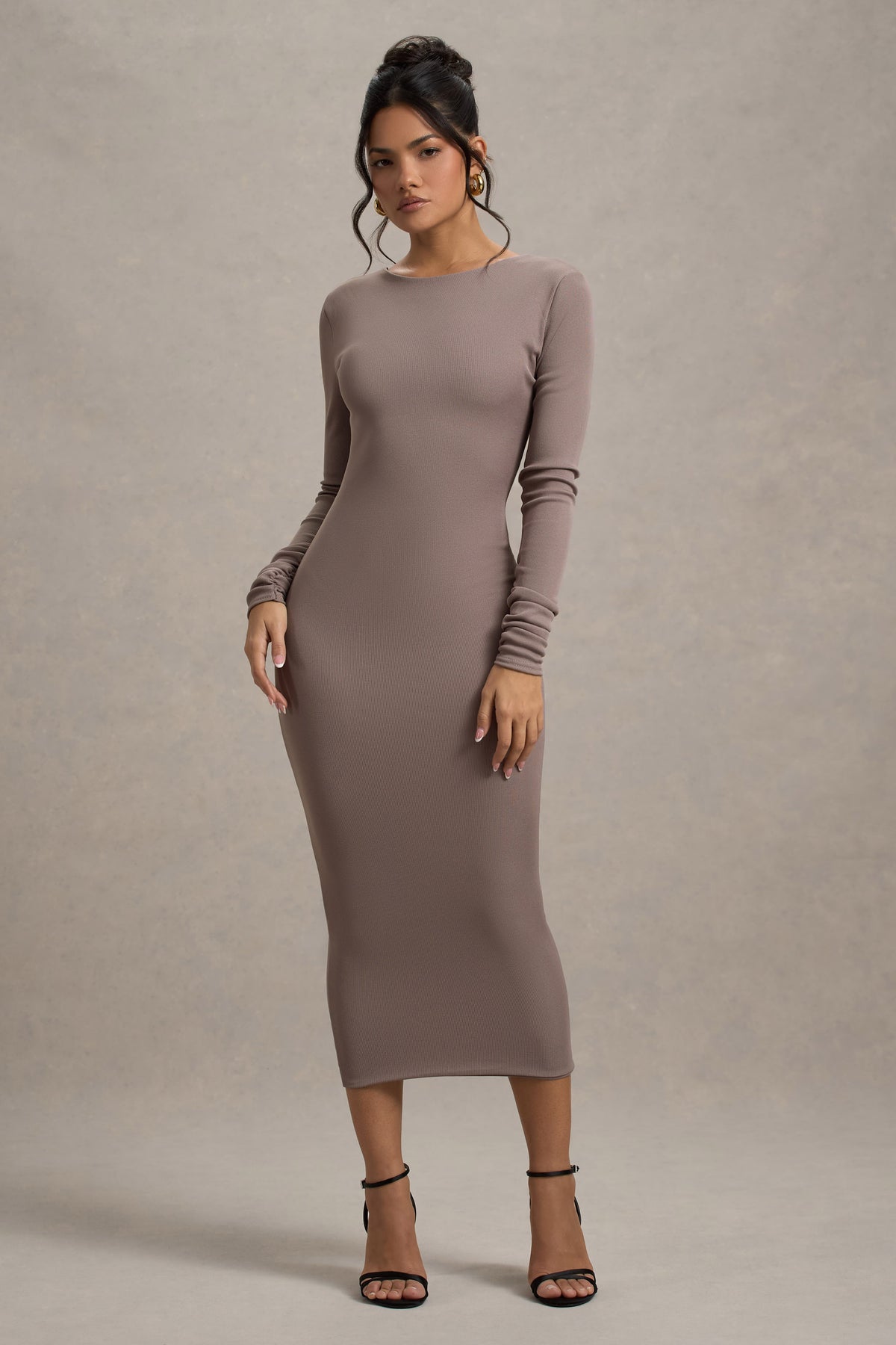 Madden | Taupe Rib Knit Cowl-Back Midi Dress - Club L 