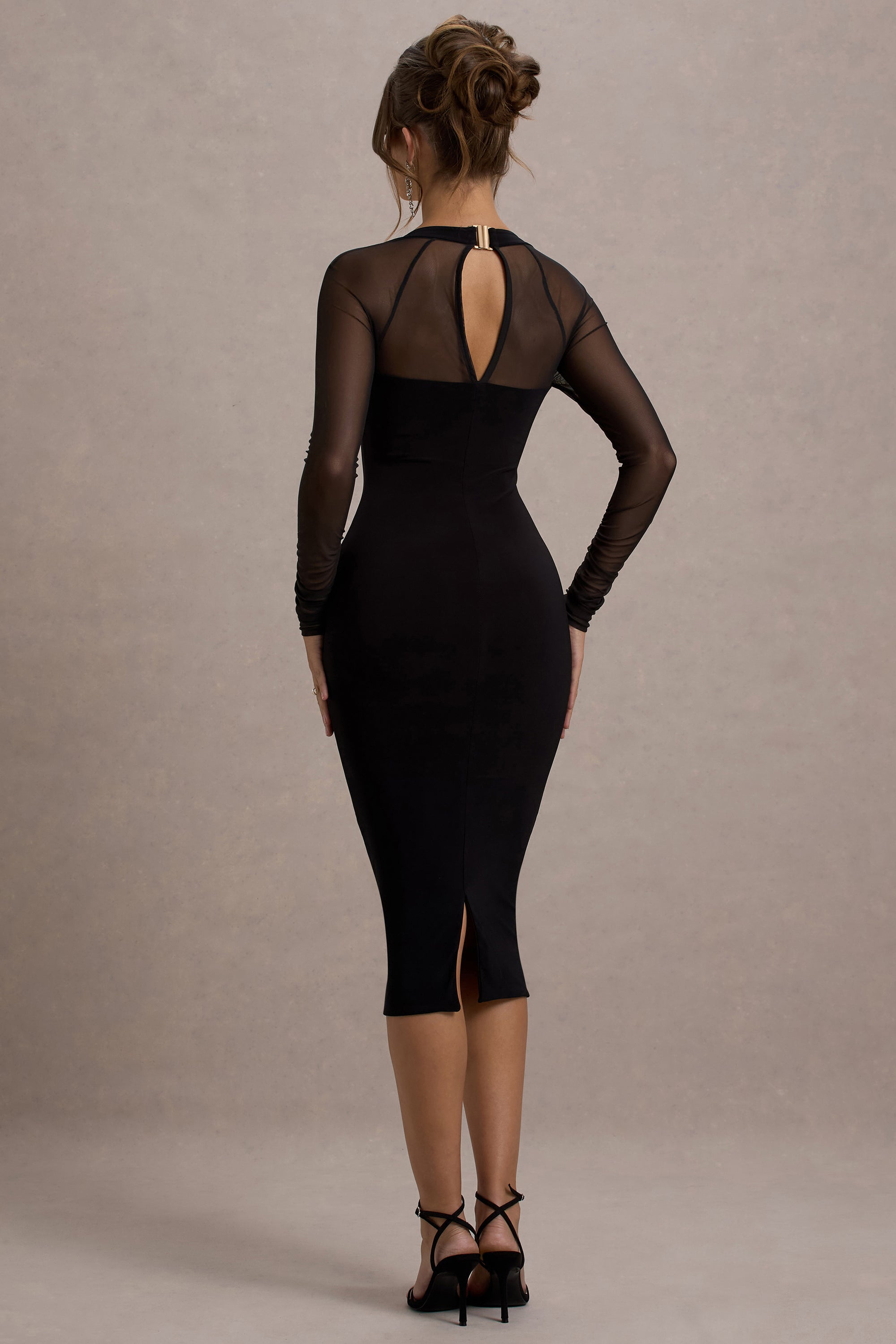 black mesh double ruched long sleeve bodycon dress Black Mesh Long-sleeve Ruched Bodycon Dress