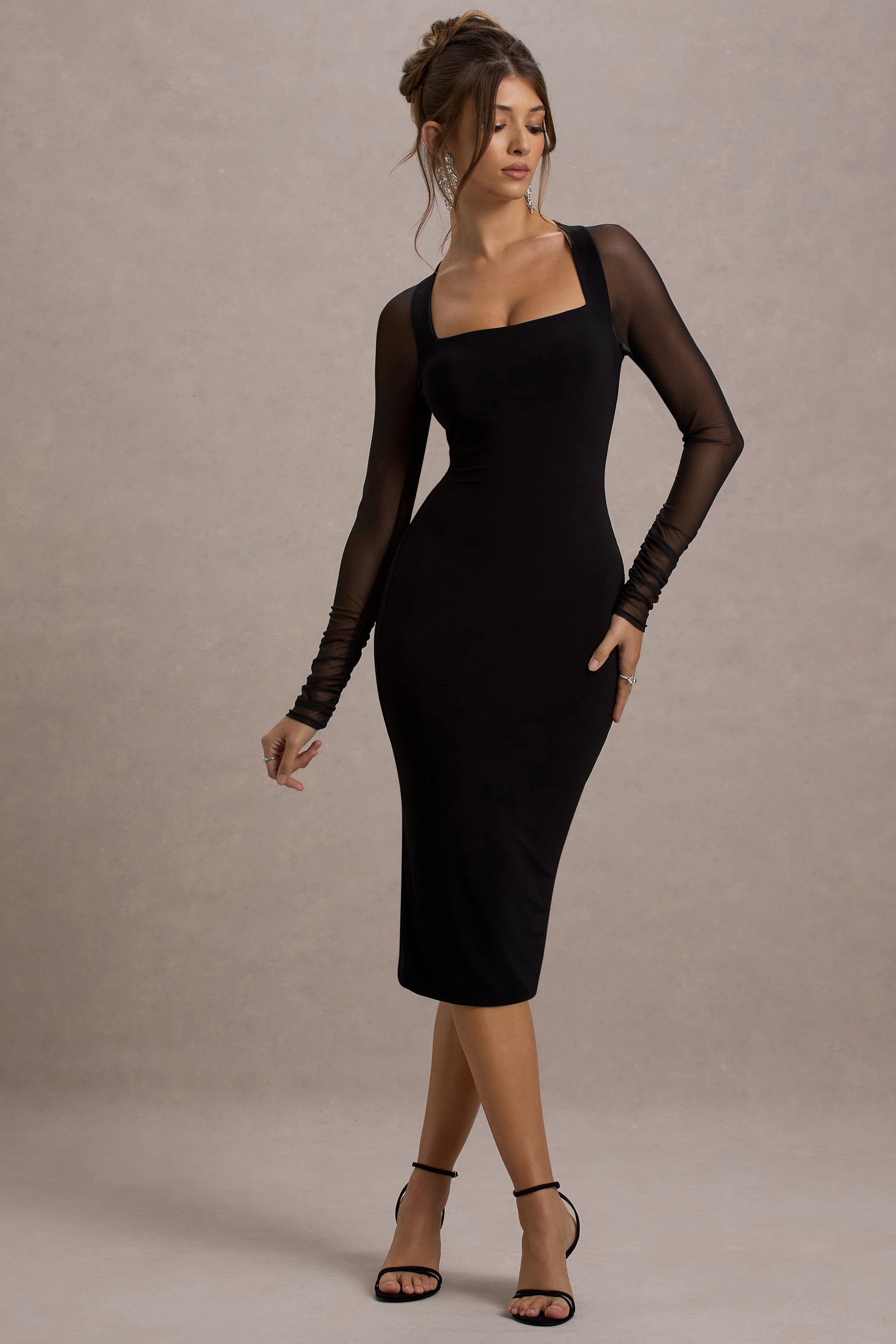 Off Track | Black Bodycon Midi Dress With Sheer Sleeves – Club L London