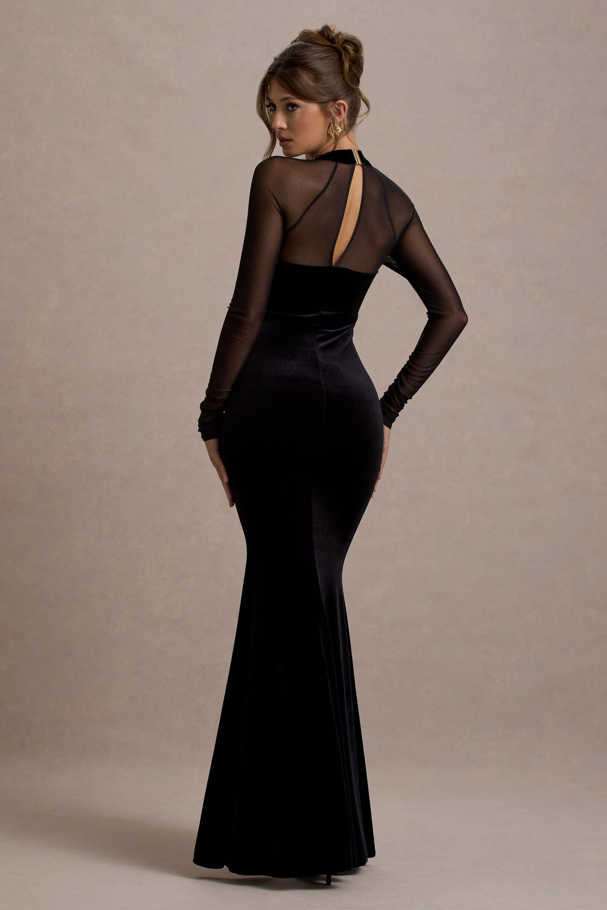 Apres Black Velvet Bodycon Split Maxi Dress With Sheer Sleeves Club L London - UK Apres Black Velvet Bodycon Split Maxi Dress With Sheer Sleeves Club L London - UK