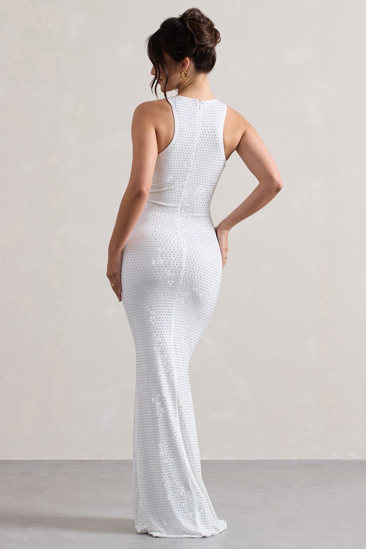 Escala | White Embellished Racer-Neck Maxi Dress - Club L 
