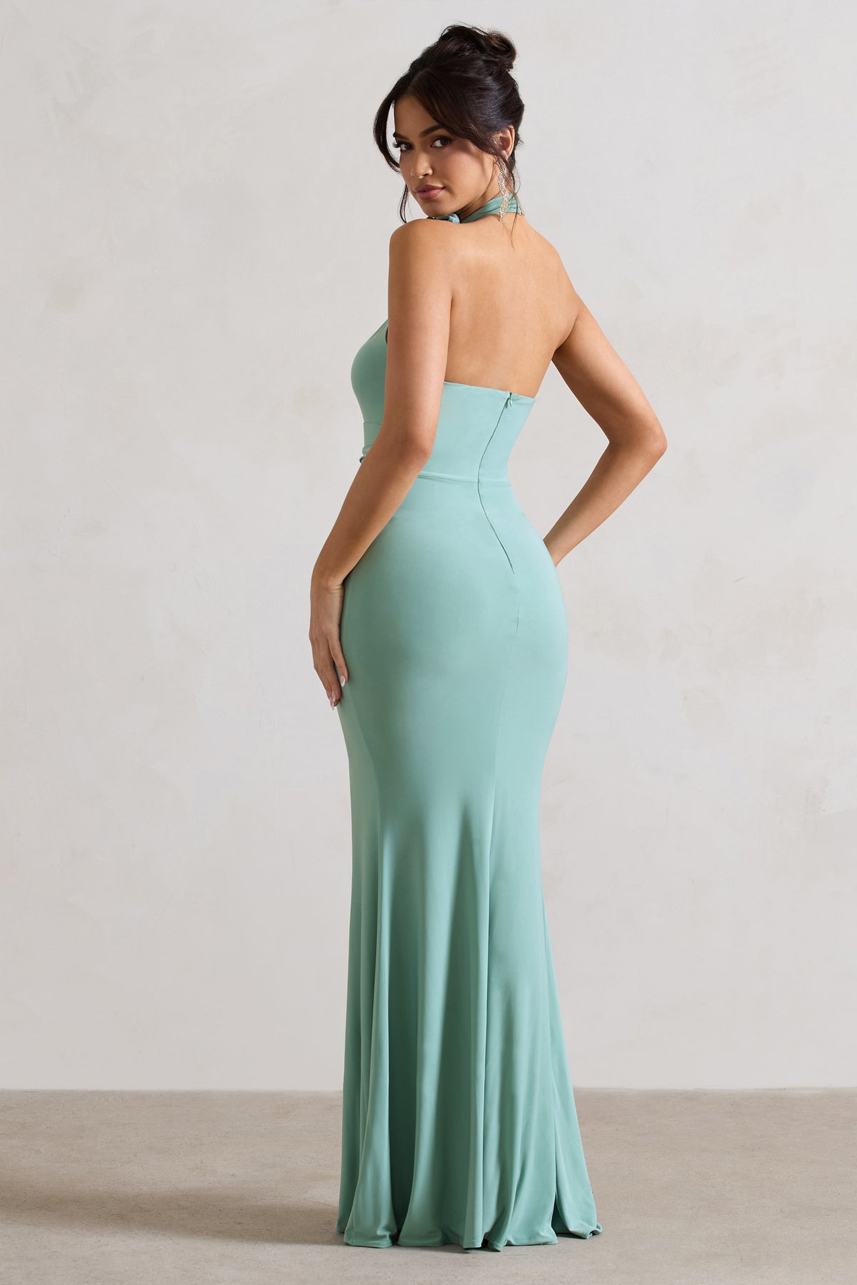 Kira | Sage Halter-Neck Cut-Out Split Maxi Dress With Flowers - Club L 