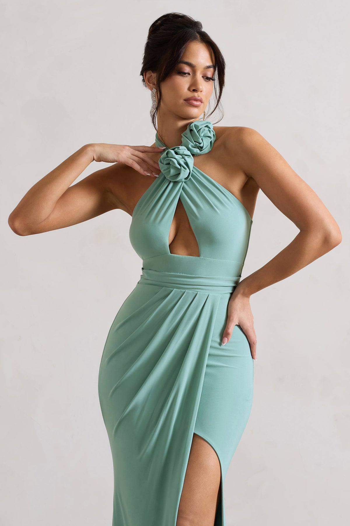 Kira | Sage Halter-Neck Cut-Out Split Maxi Dress With Flowers - Club L 