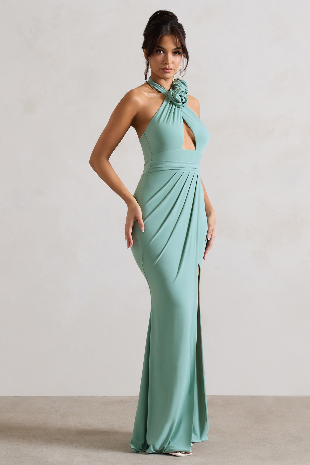 Kira | Sage Halter-Neck Cut-Out Split Maxi Dress With Flowers - Club L 