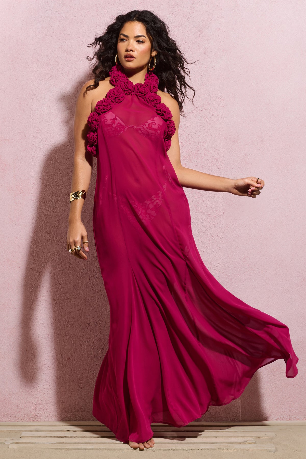 Naelya | Dark Pink Chiffon Halter-Neck Maxi Dress With Corsages - Club L 