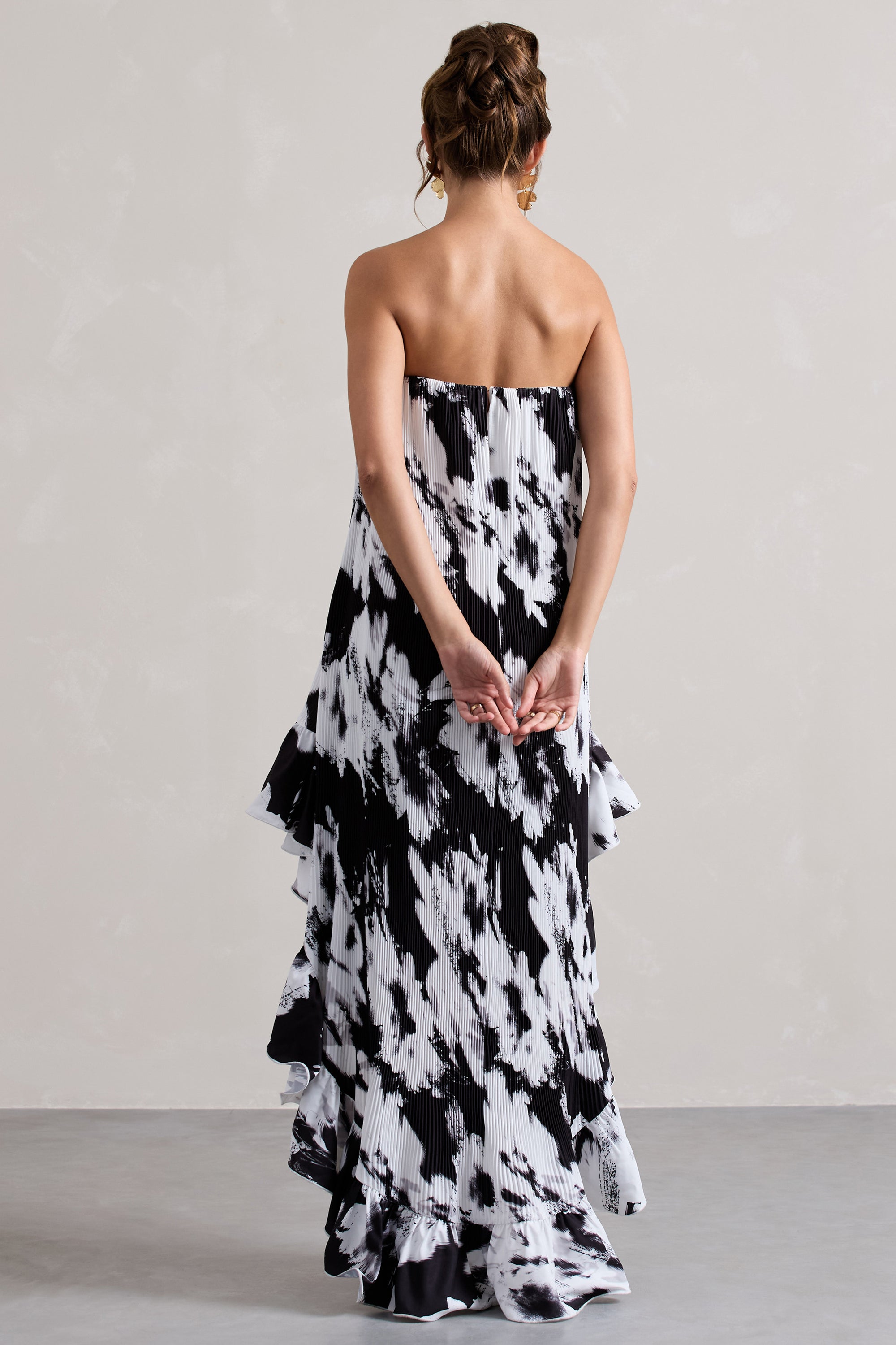 Whistler | Monochrome Floral Chiffon Bandeau High-Low Ruffled Maxi Dress - Club L 