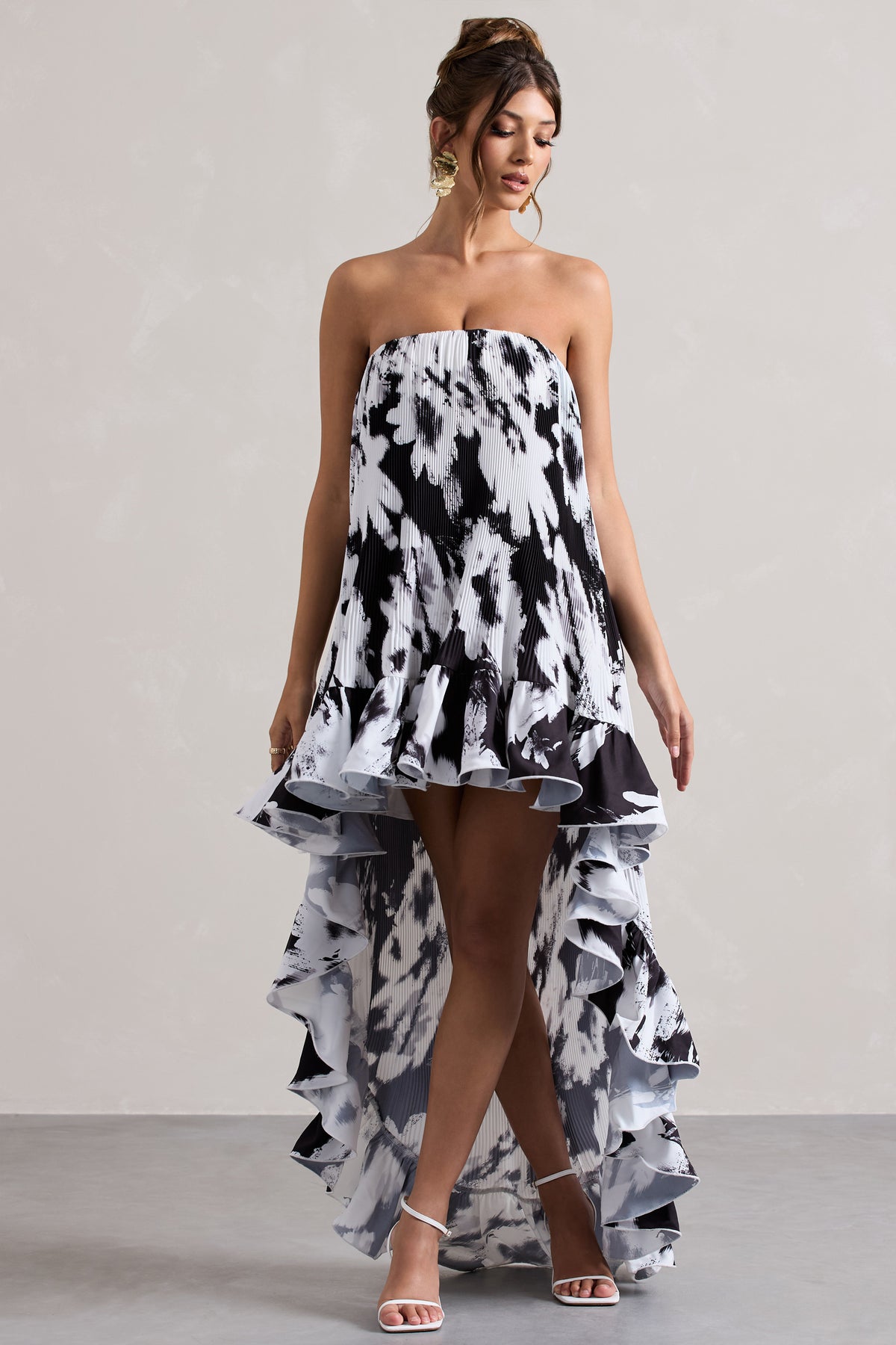 chiffon high low dress Whistler Monochrome Floral Chiffon Bandeau High-Low Ruffled Maxi Dre – Club L London