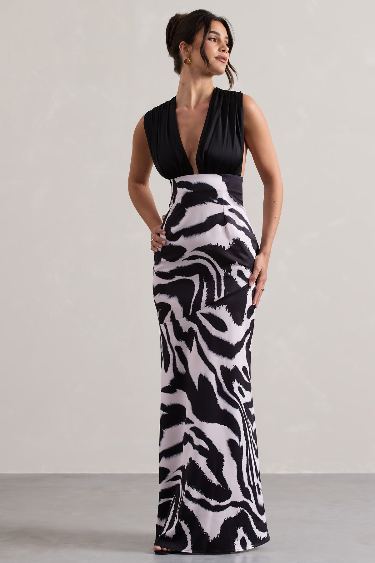 Azzara | Zebra Print Satin Ruched V-Neck Maxi Dress - Club L 