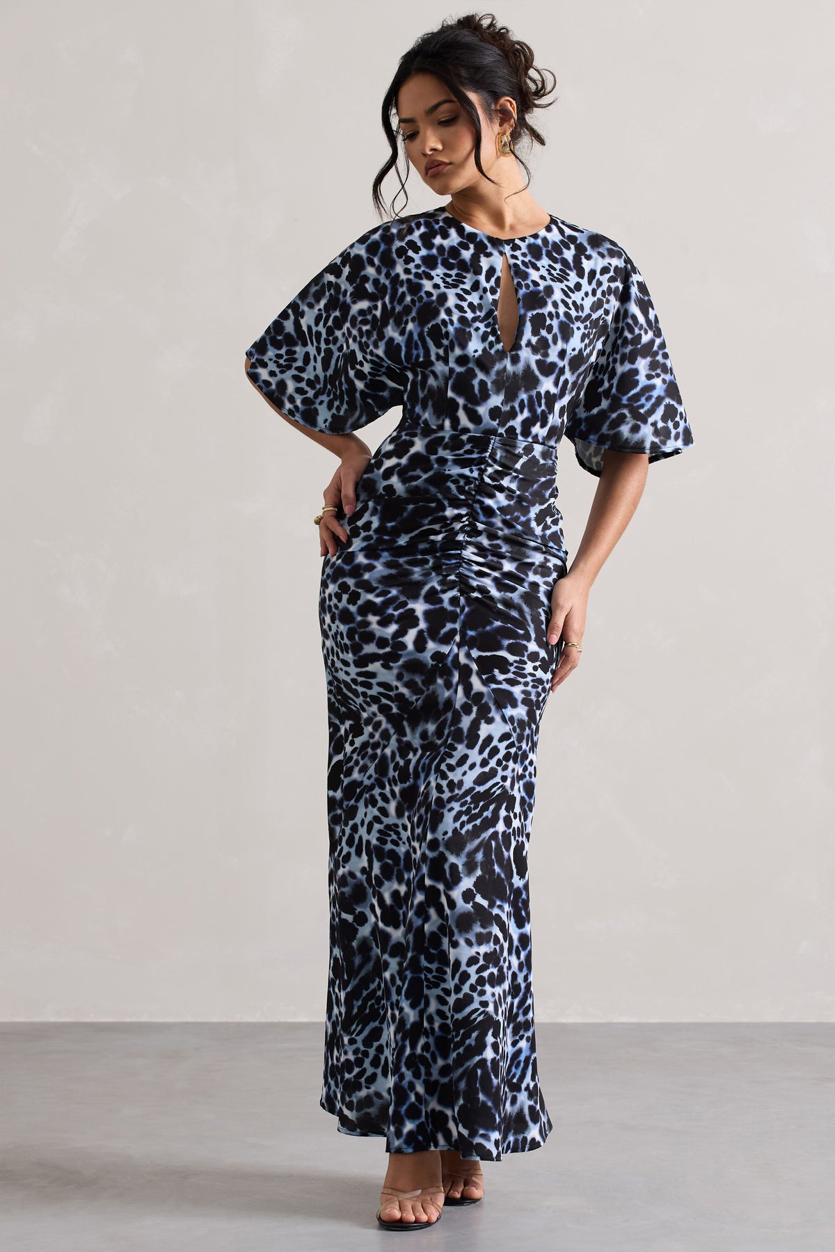 Elidy Animal Print Ruched Flutter-Sleeve Cut-Out Maxi Dress – Club L London 