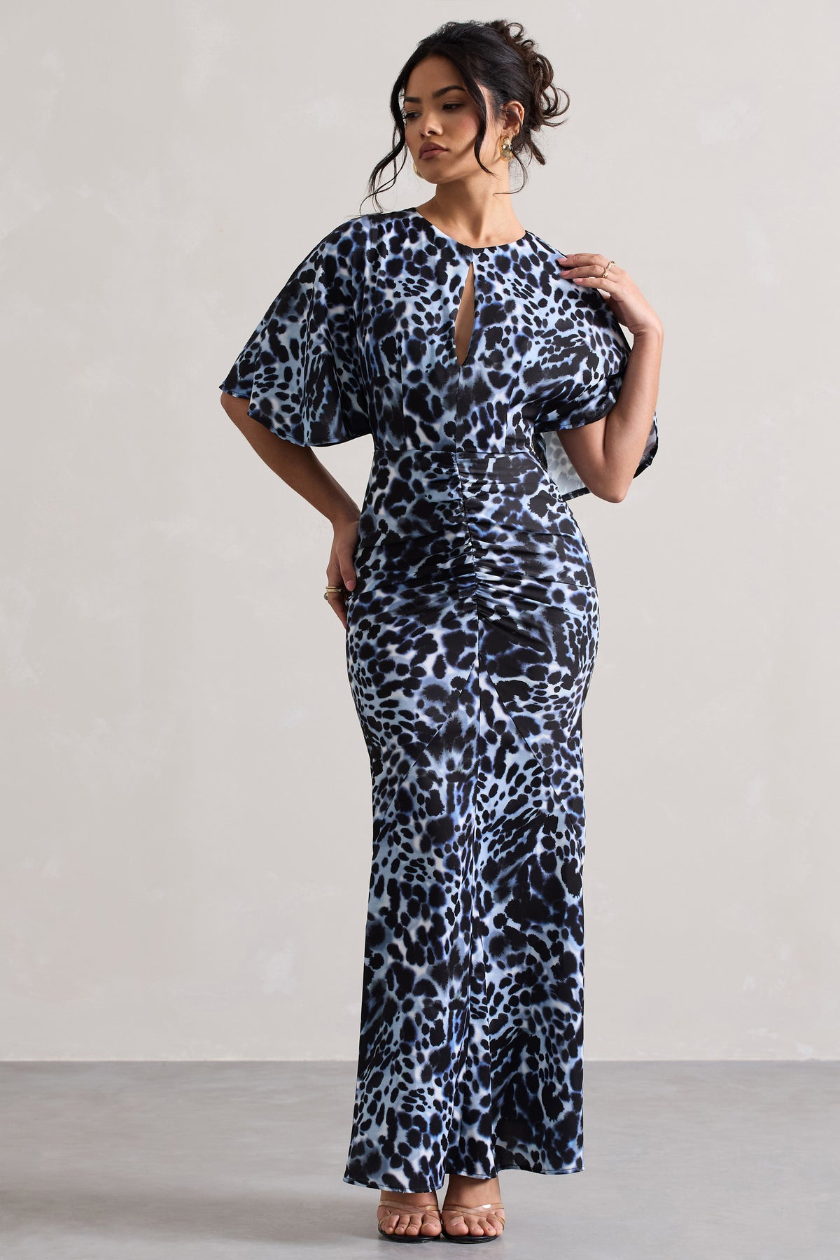 Elidy Animal Print Ruched Flutter-Sleeve Cut-Out Maxi Dress – Club L London 