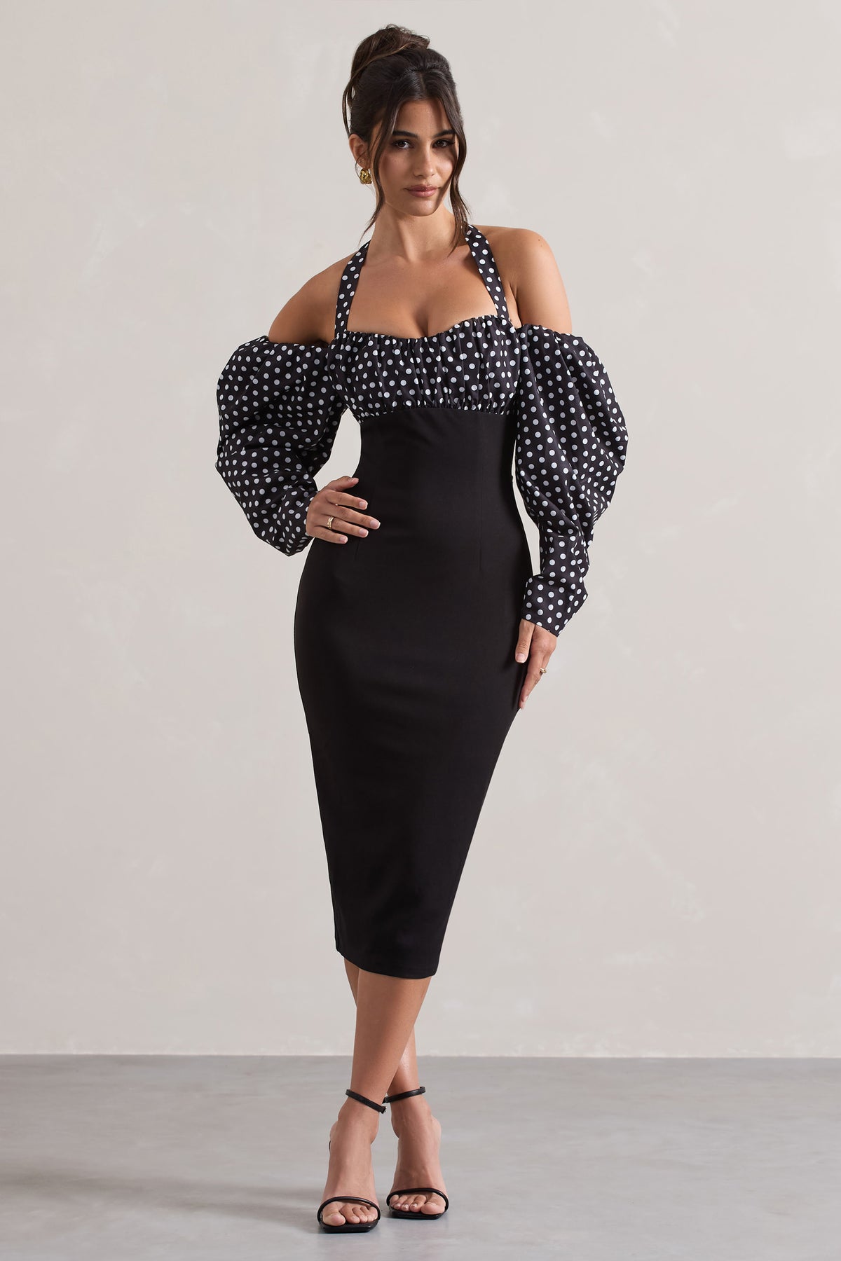 Couture Client | Black & White Polka Dot Halter-Neck Puff Sleeve Midi Dress - Club L 