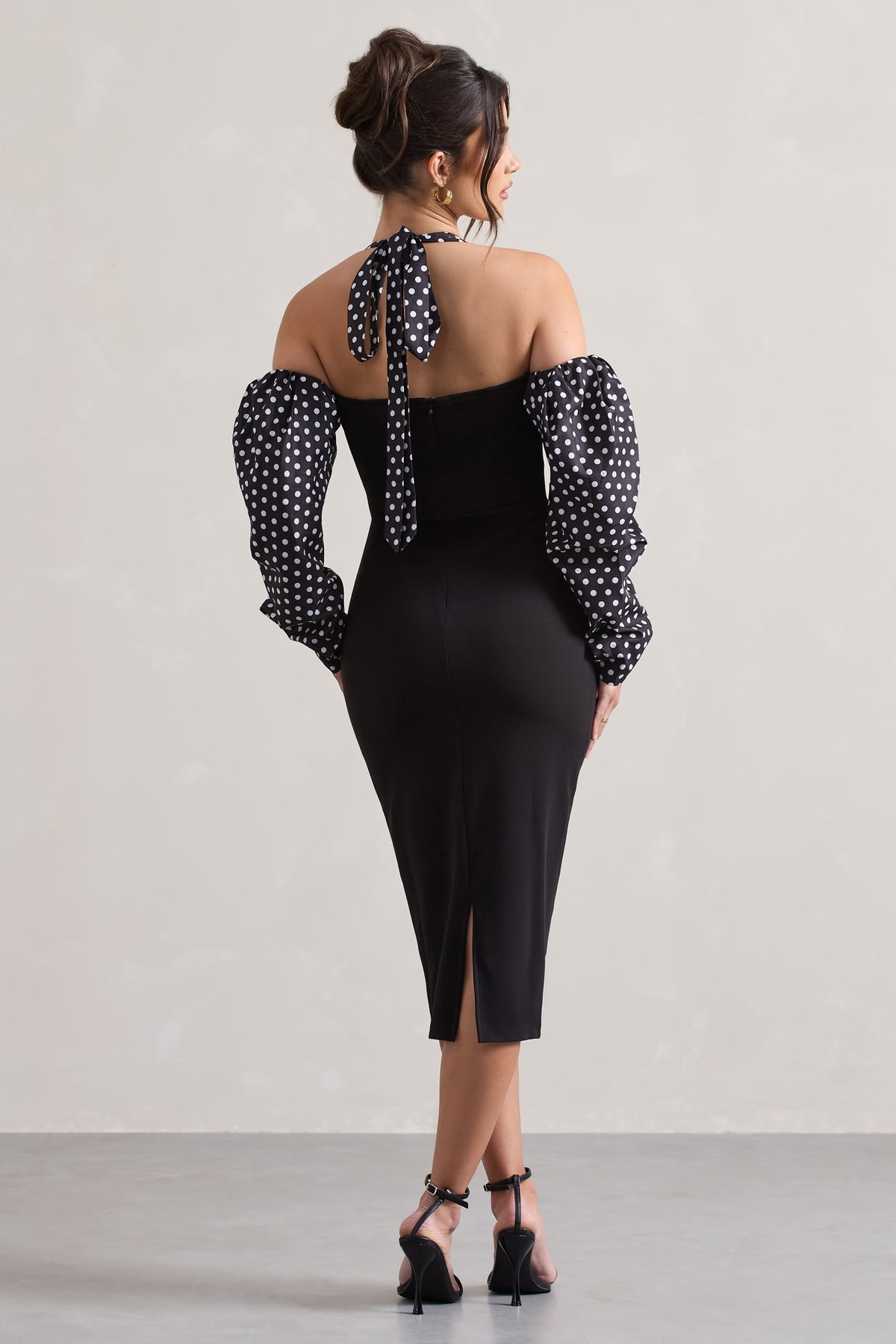 Couture Client | Black & White Polka Dot Halter-Neck Puff Sleeve Midi Dress - Club L 