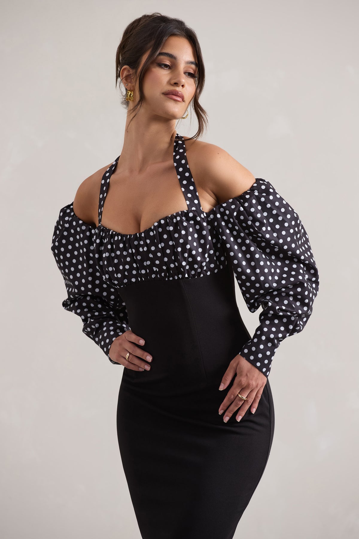 Couture Client | Black & White Polka Dot Halter-Neck Puff Sleeve Midi Dress - Club L 