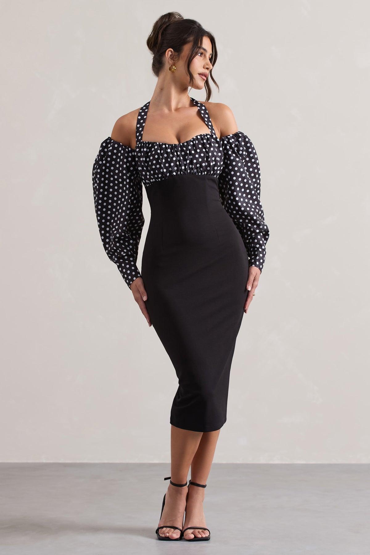Couture Client | Black & White Polka Dot Halter-Neck Puff Sleeve Midi Dress - Club L 