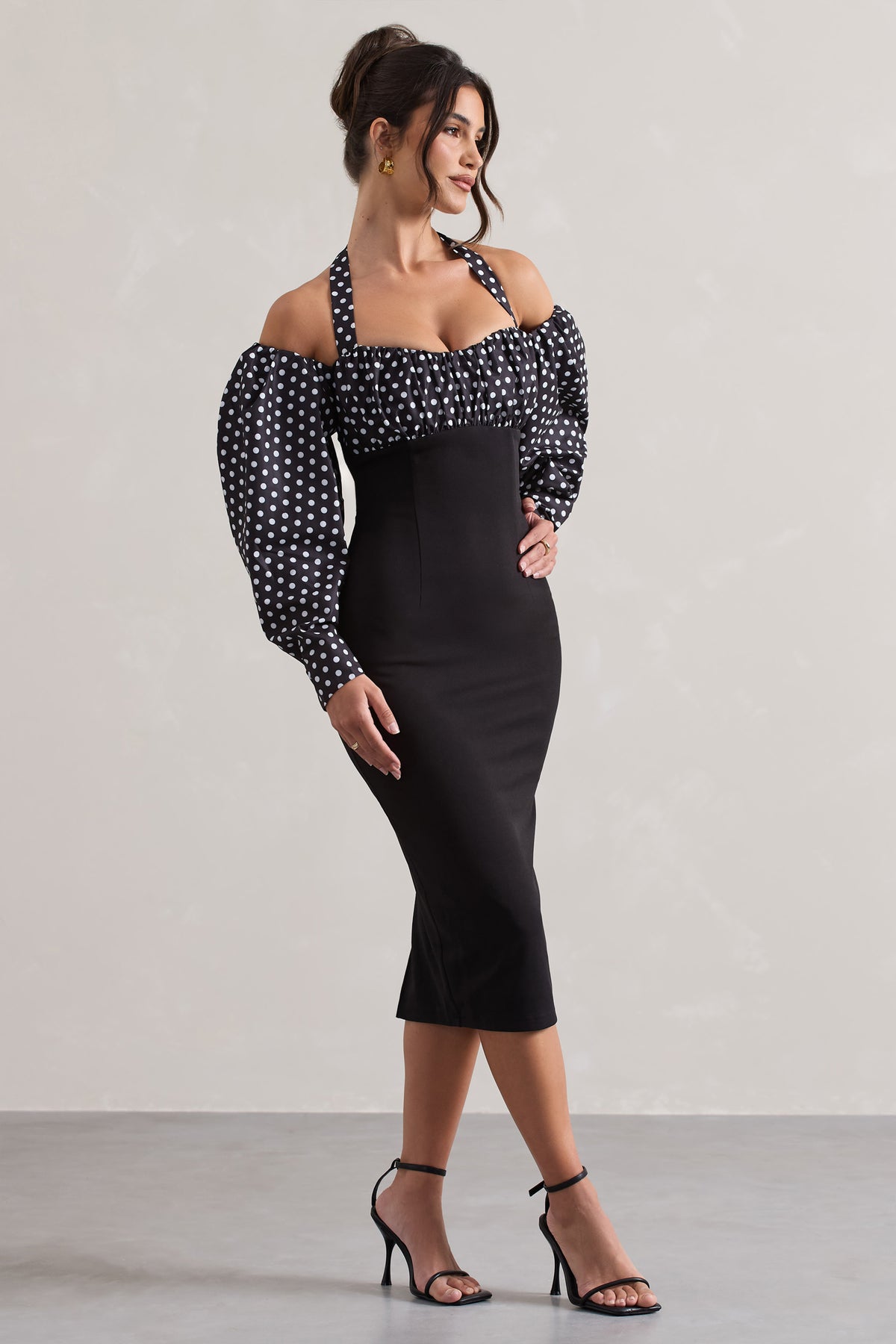 Couture Client | Black & White Polka Dot Halter-Neck Puff Sleeve Midi Dress - Club L 