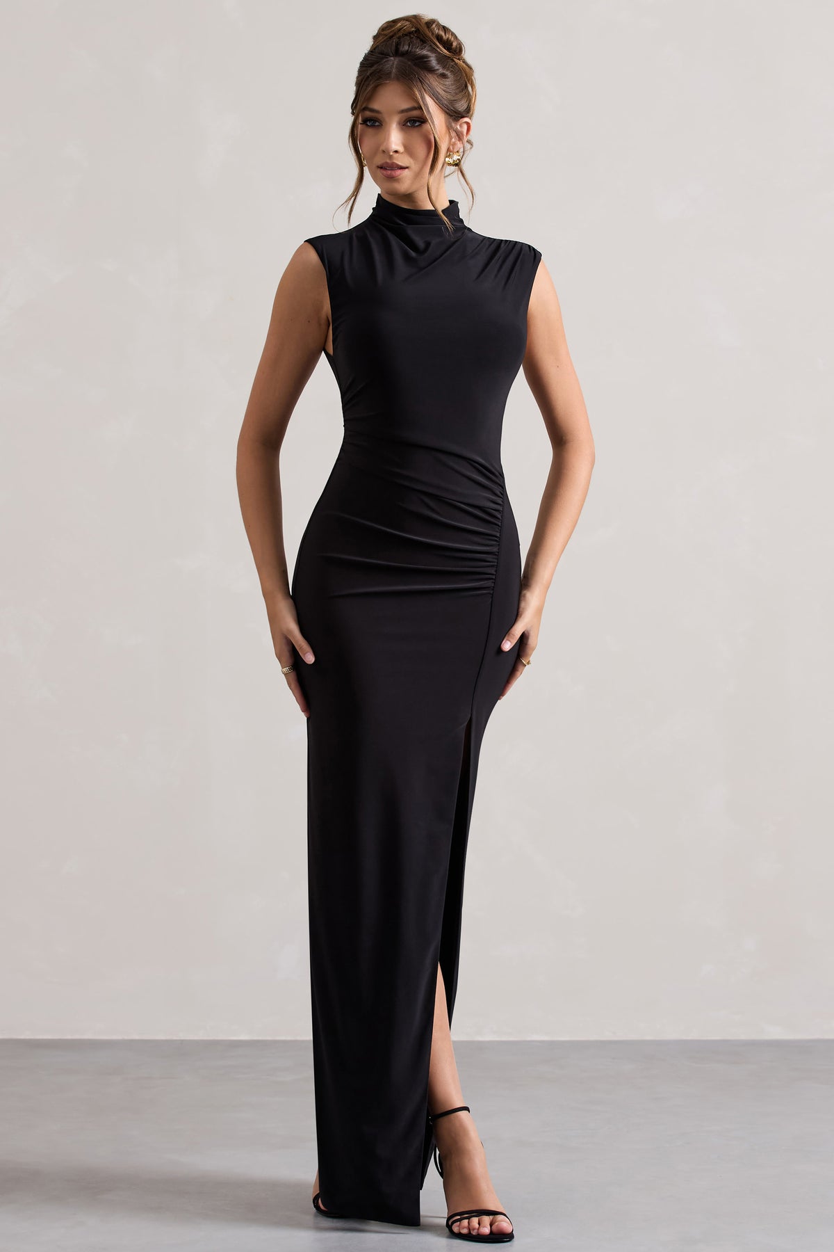 Lanetta | Black Ruched High-Neck Maxi Dress With Split - Club L 