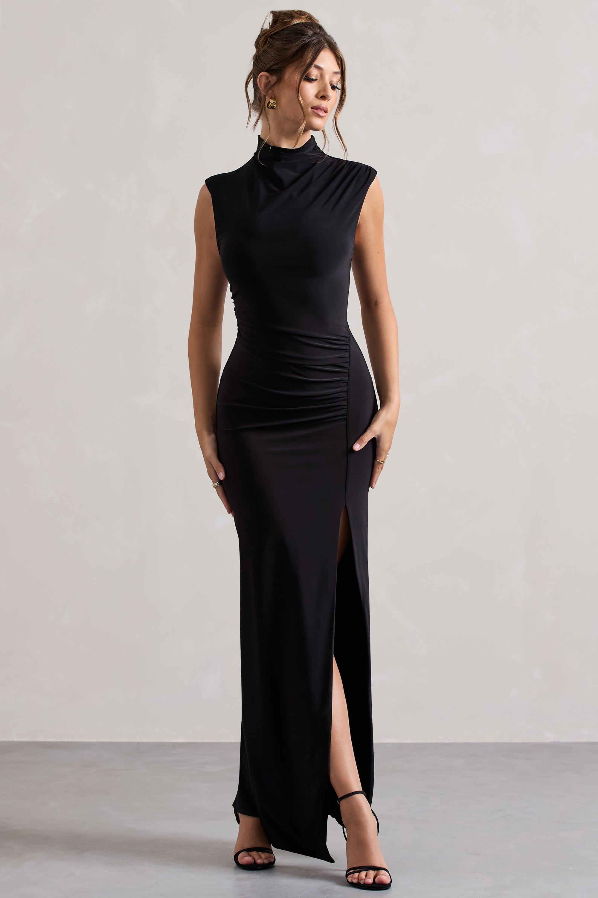 Lanetta | Black Ruched High-Neck Maxi Dress With Split - Club L 