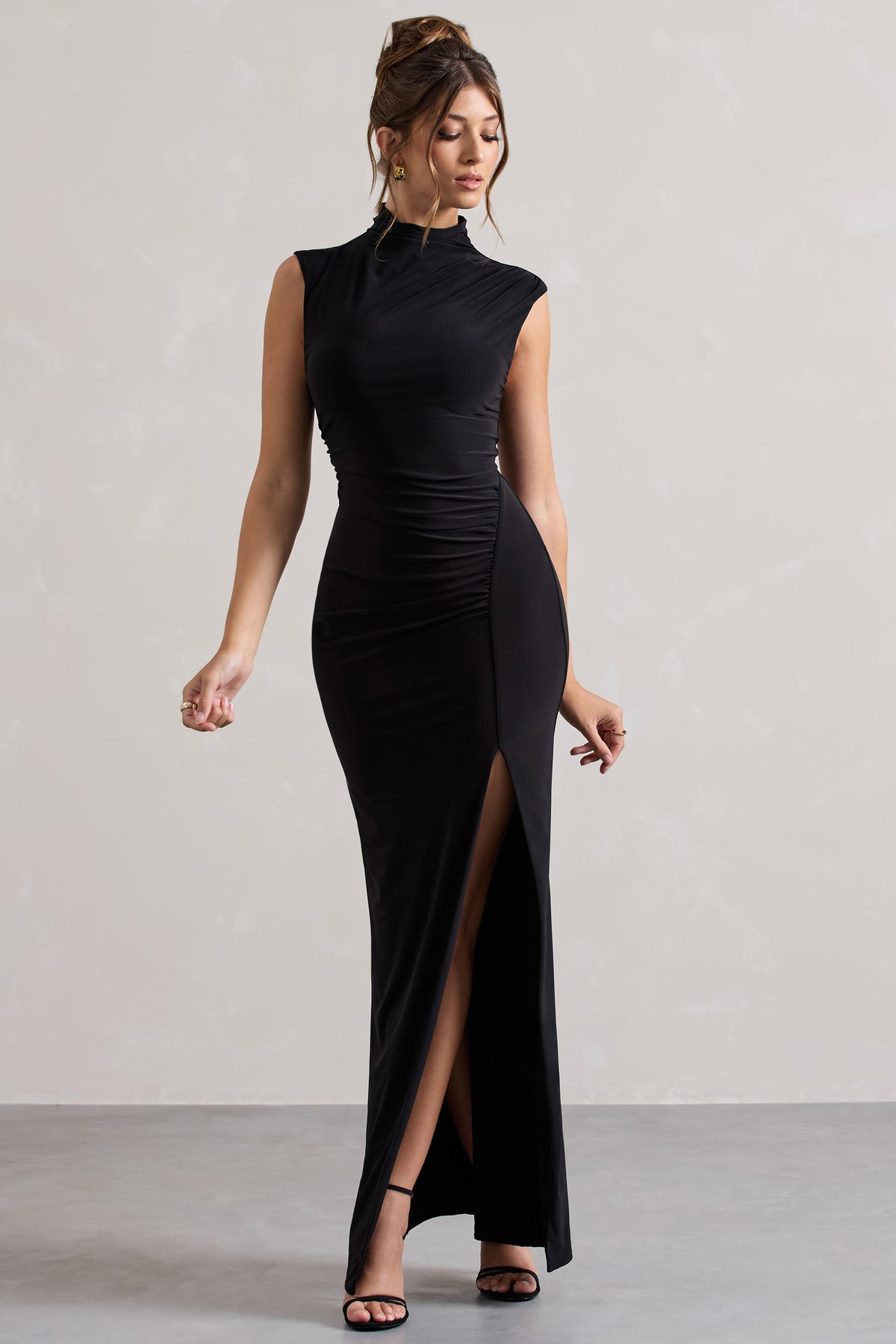 Lanetta | Black Ruched High-Neck Maxi Dress With Split - Club L 