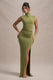 Lanetta | Olive Ruched High-Neck Maxi Dress With Split - Club L 