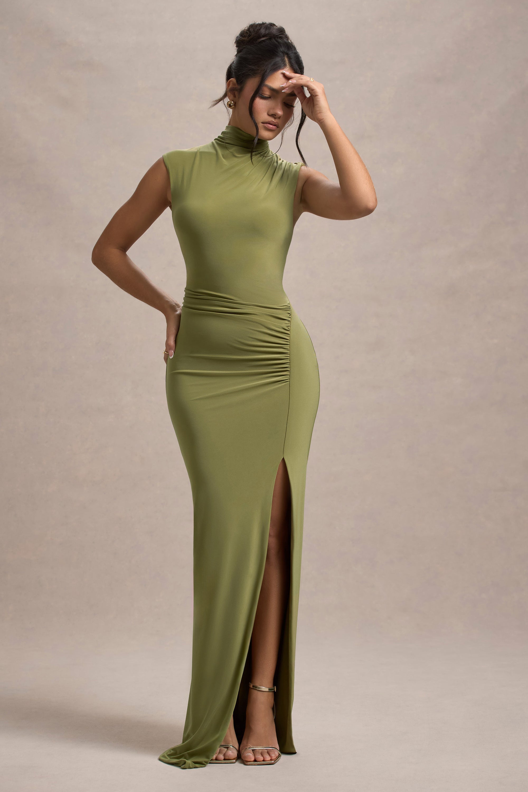 Lanetta | Olive Ruched High-Neck Maxi Dress With Split - Club L 