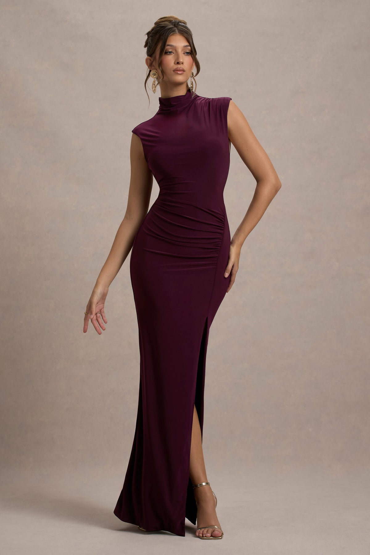 Lanetta Plum Ruched High-Neck Maxi Dress With Split – Club L London