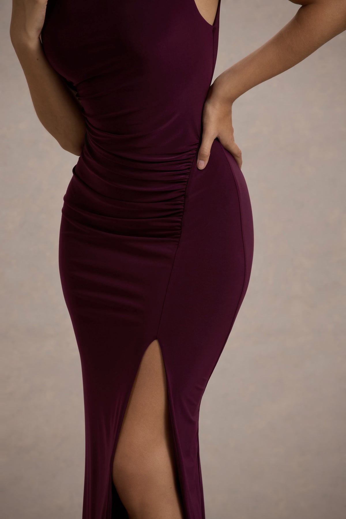 Lanetta | Plum Ruched High-Neck Maxi Dress With Split - Club L 