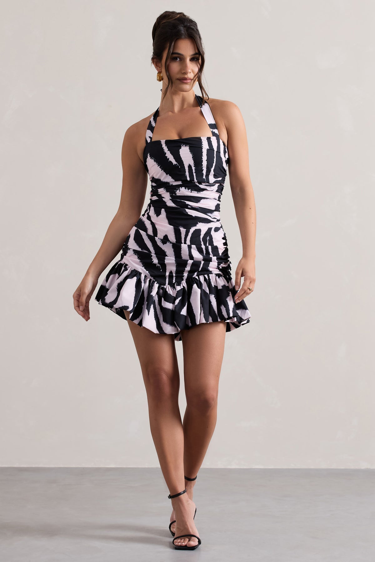 Zahra | Zebra Print Halter-Neck Ruched Mini Dress With Ruffle Hem - Club L 