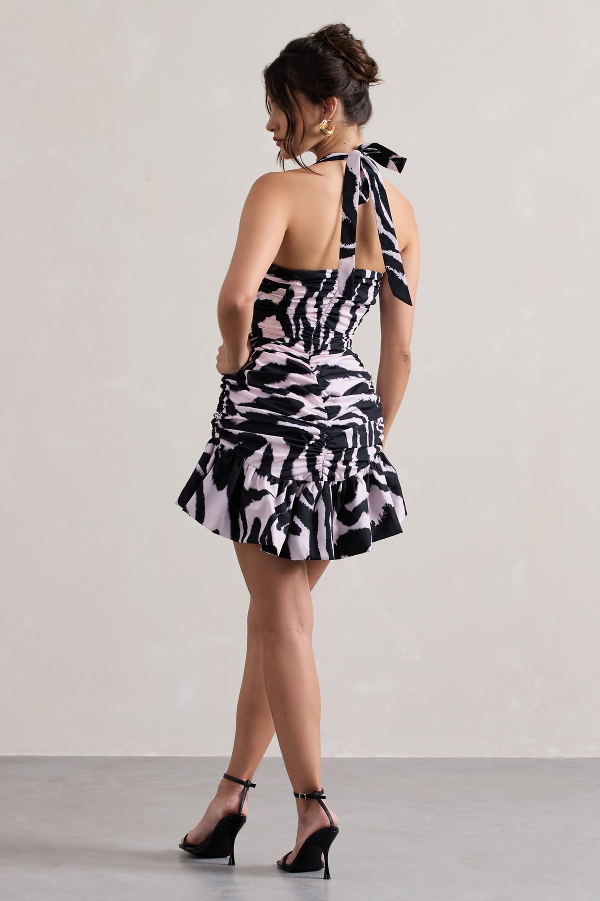Zahra | Zebra Print Halter-Neck Ruched Mini Dress With Ruffle Hem - Club L 