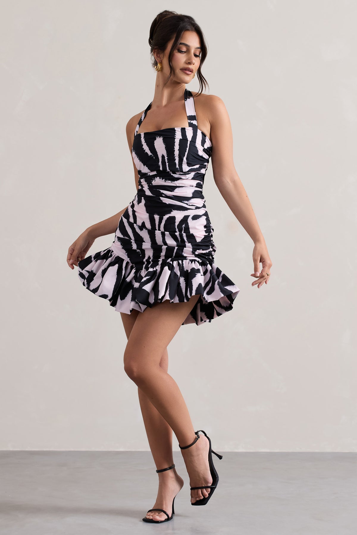 Zahra | Zebra Print Halter-Neck Ruched Mini Dress With Ruffle Hem - Club L 