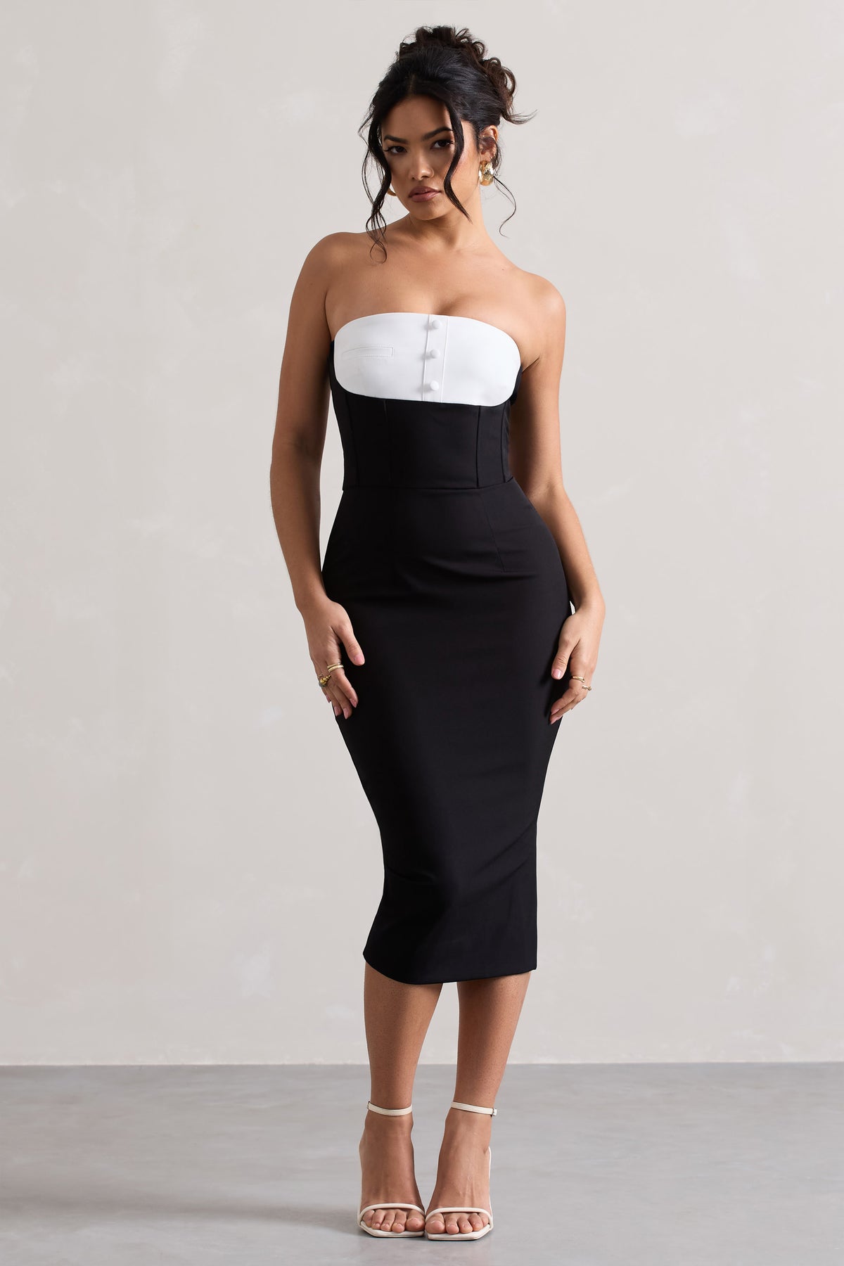My Darling | Black Tailored Bandeau Split Midi Dress - Club L 