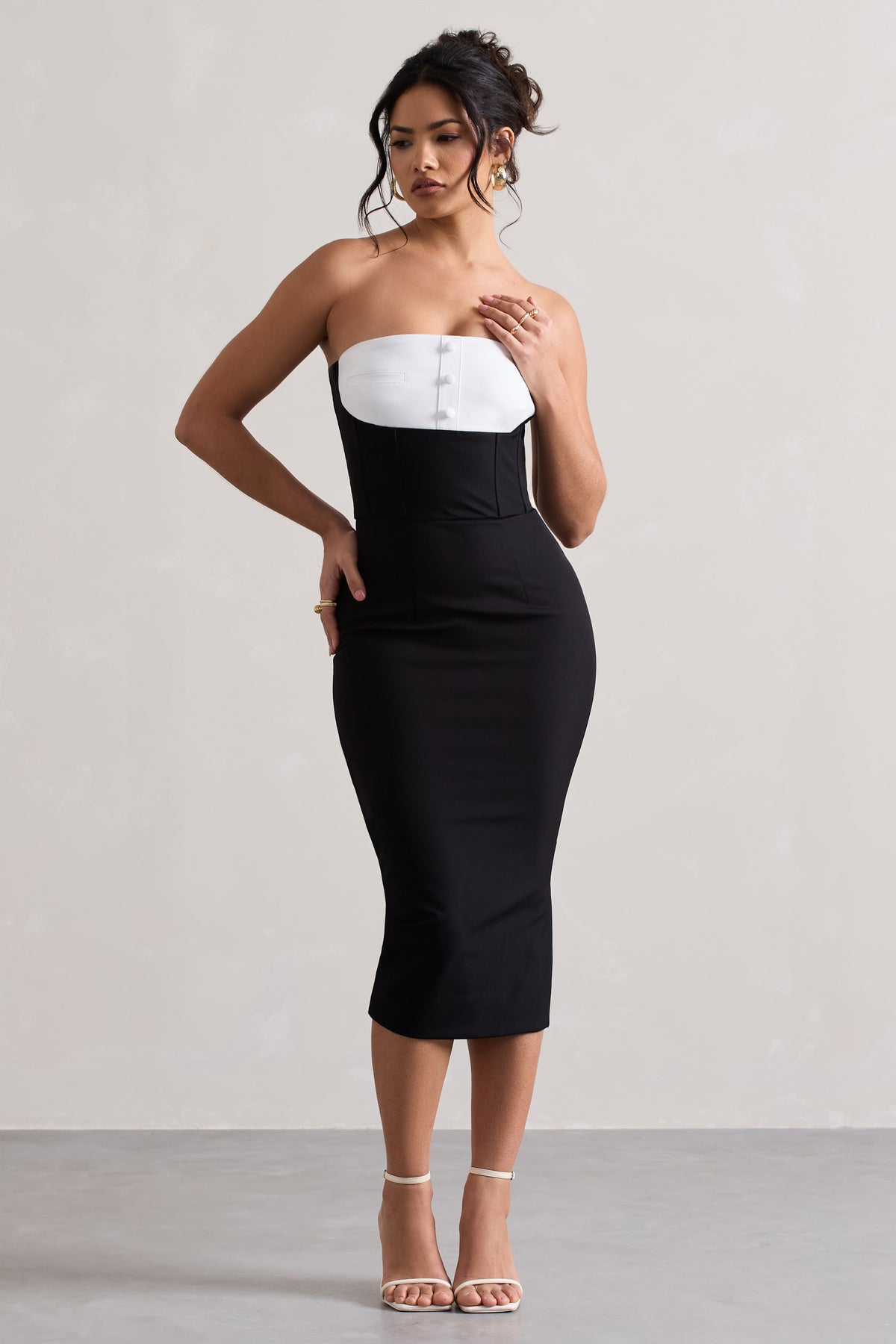 My Darling | Black Tailored Bandeau Split Midi Dress - Club L 