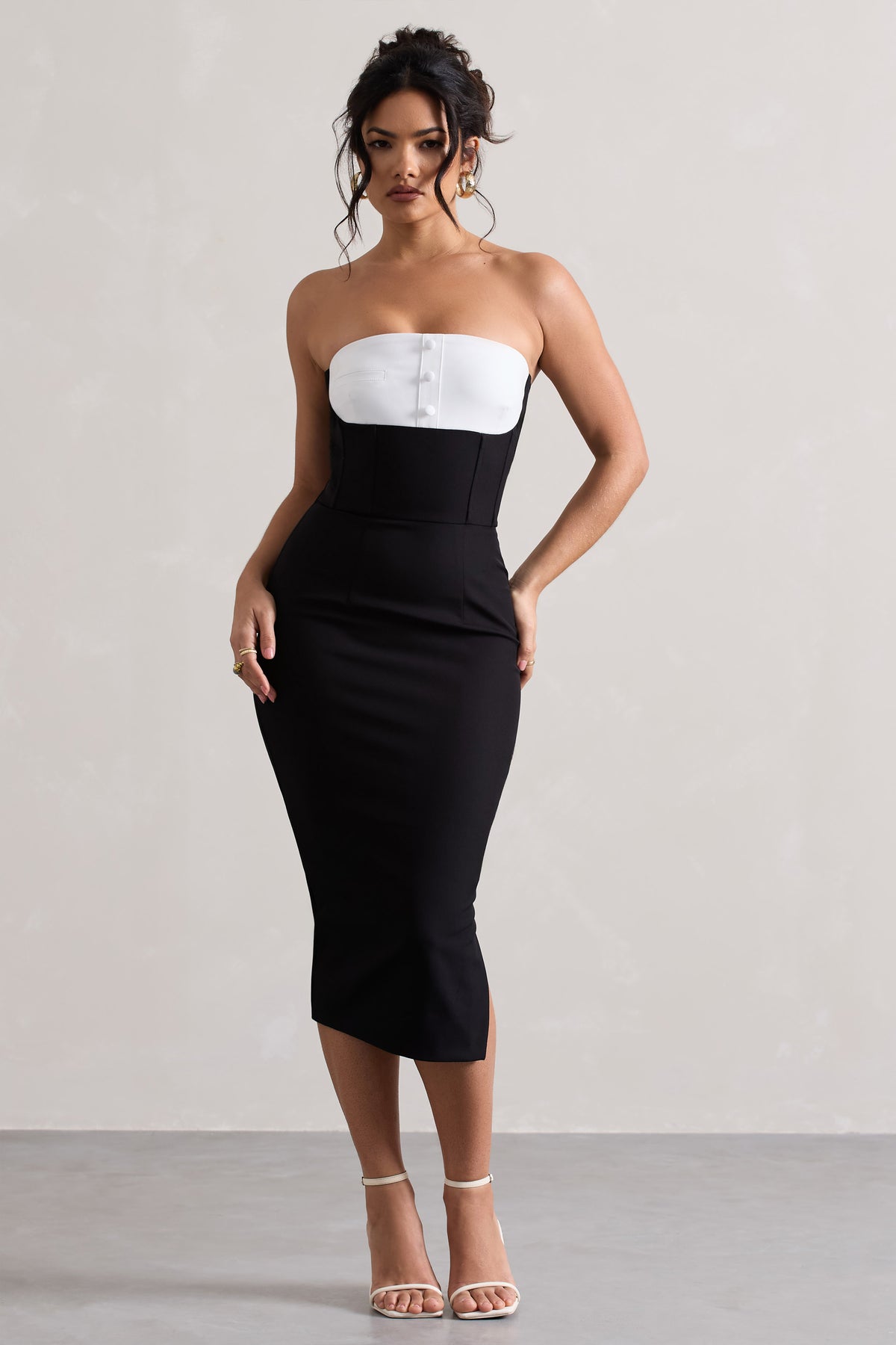 My Darling | Black Tailored Bandeau Split Midi Dress - Club L 