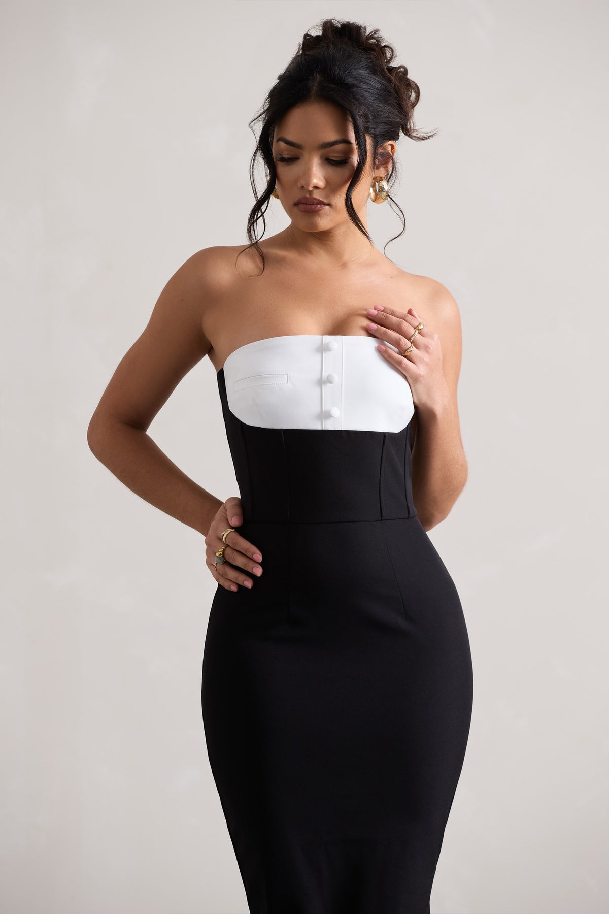 My Darling | Black Tailored Bandeau Split Midi Dress - Club L 