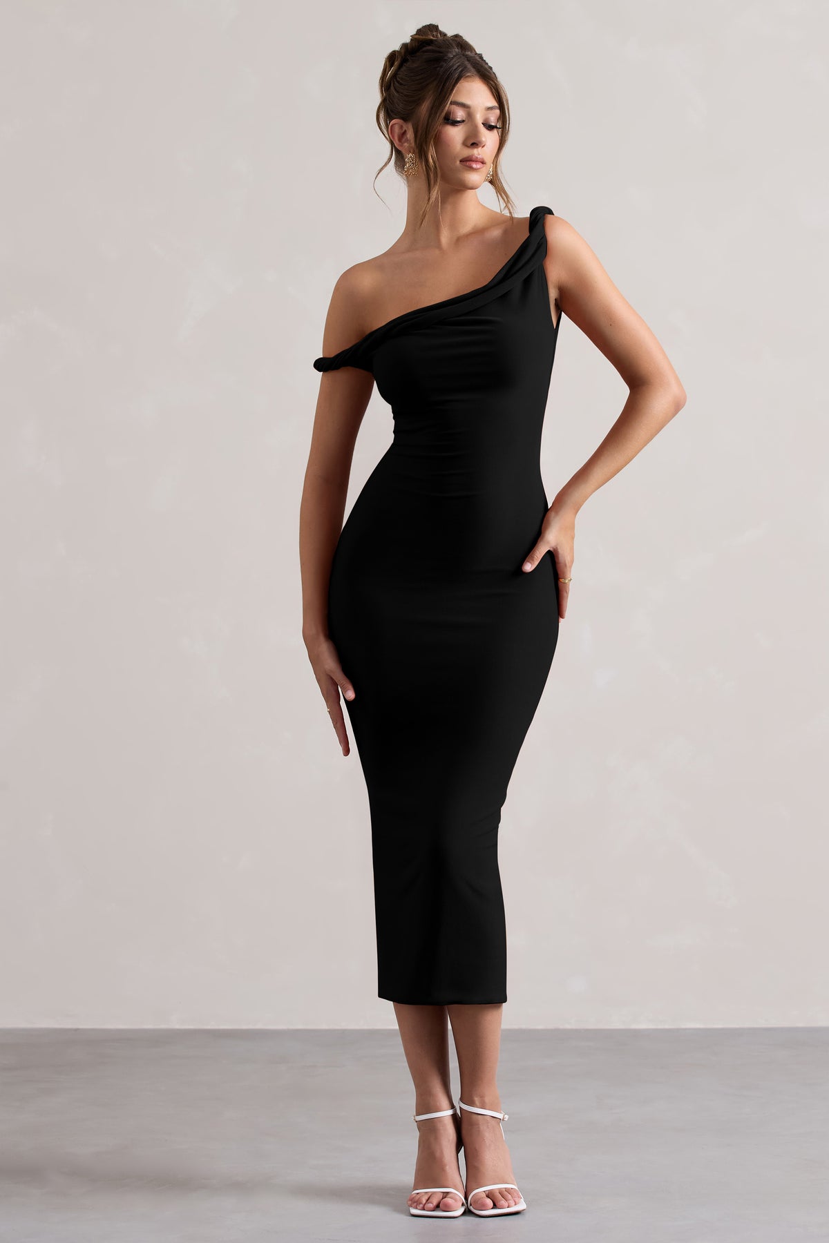 Salome Black Twisted Asymmetric Midi Dress – Club L London Salome Black Twisted Asymmetric Midi Dress – Club L London
