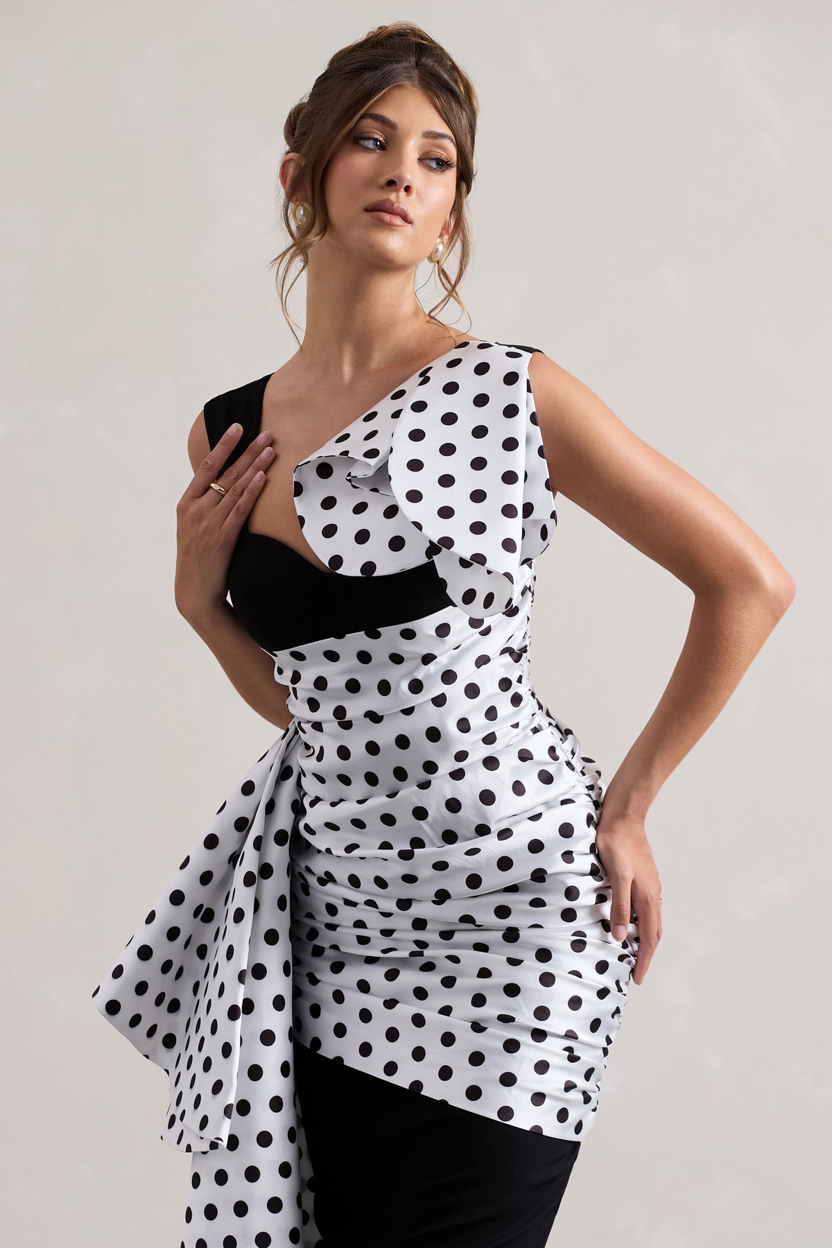 Unattainable | Black Polka Dot Wrap Midi Dress Volume Drape - Club L 
