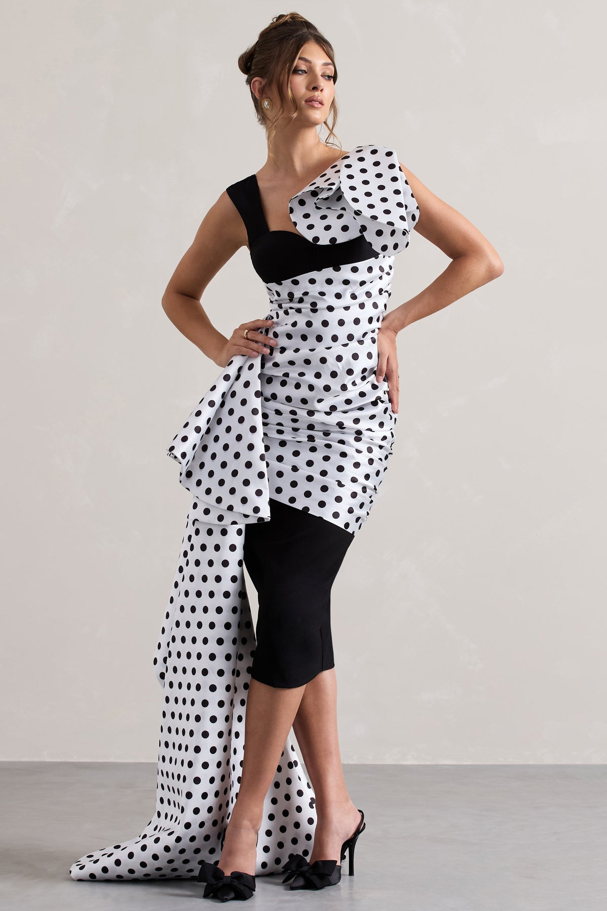 Unattainable | Black Polka Dot Wrap Midi Dress Volume Drape - Club L 