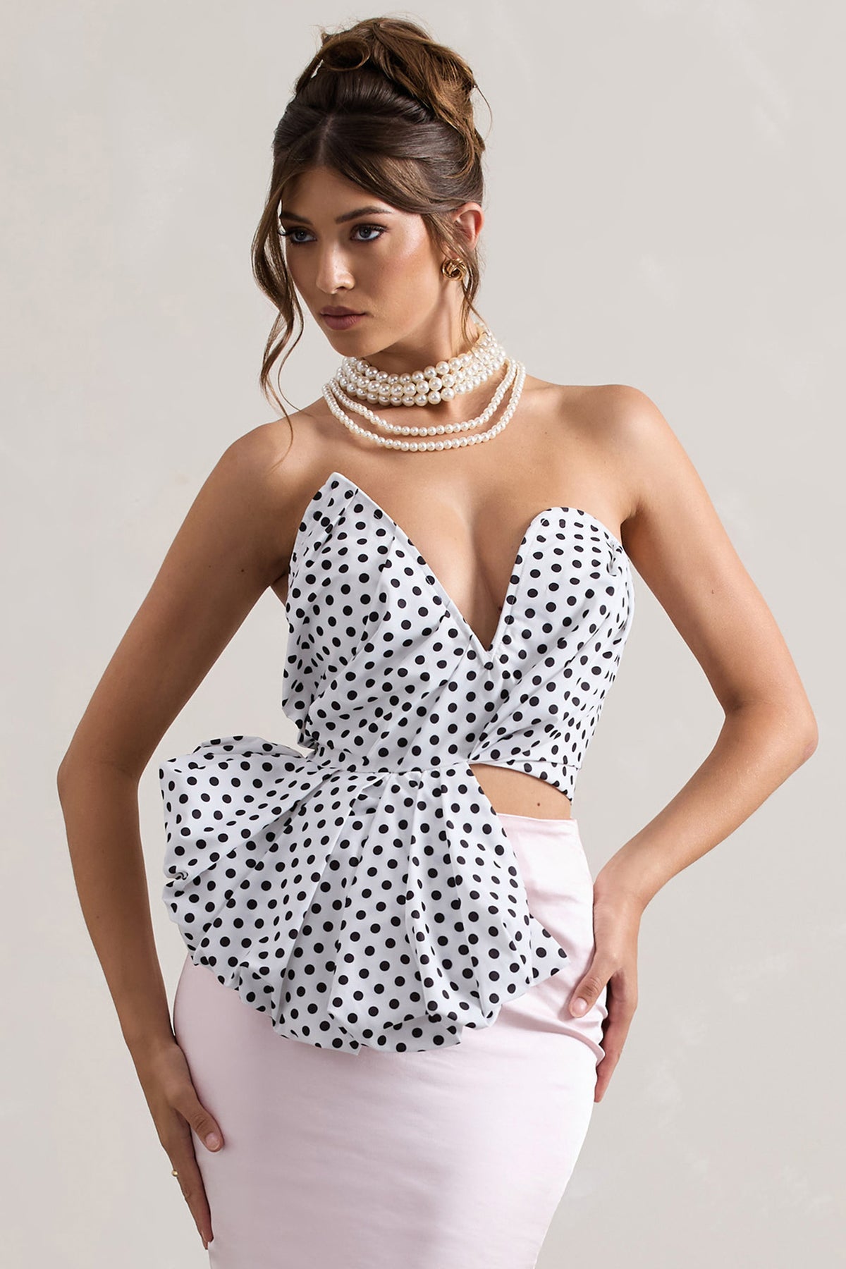 WB_CL132298201-HauteCreamPolkaDotAsymmetricPlunge-NeckCorsetWithRuffle_CL132299008-CouturePinkSatinMaxiSkirt2copy